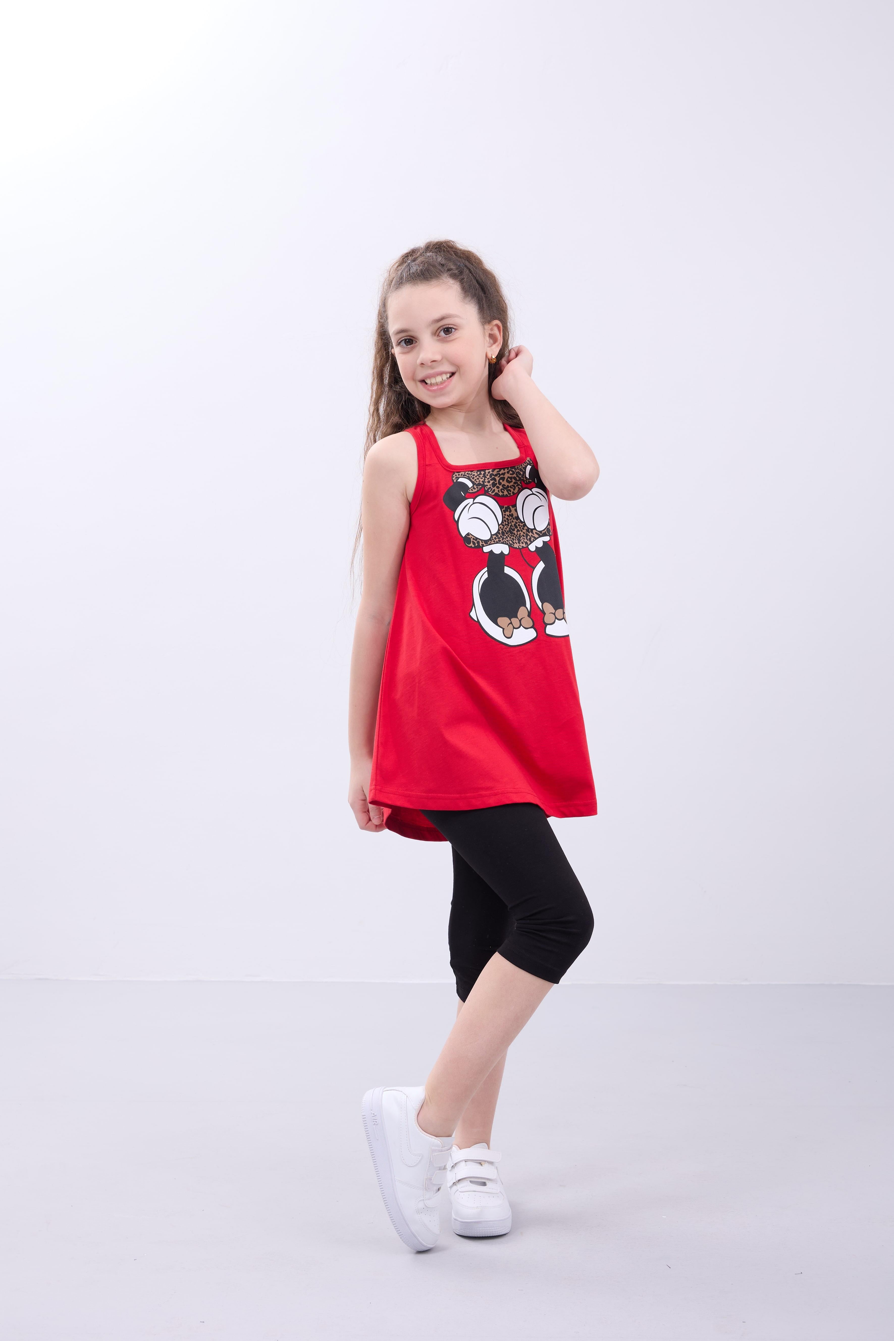 Kız Çocuk Leopar Desenli Minnie Mouse Baskılı Askılı Tunik ve Tayt Takımı