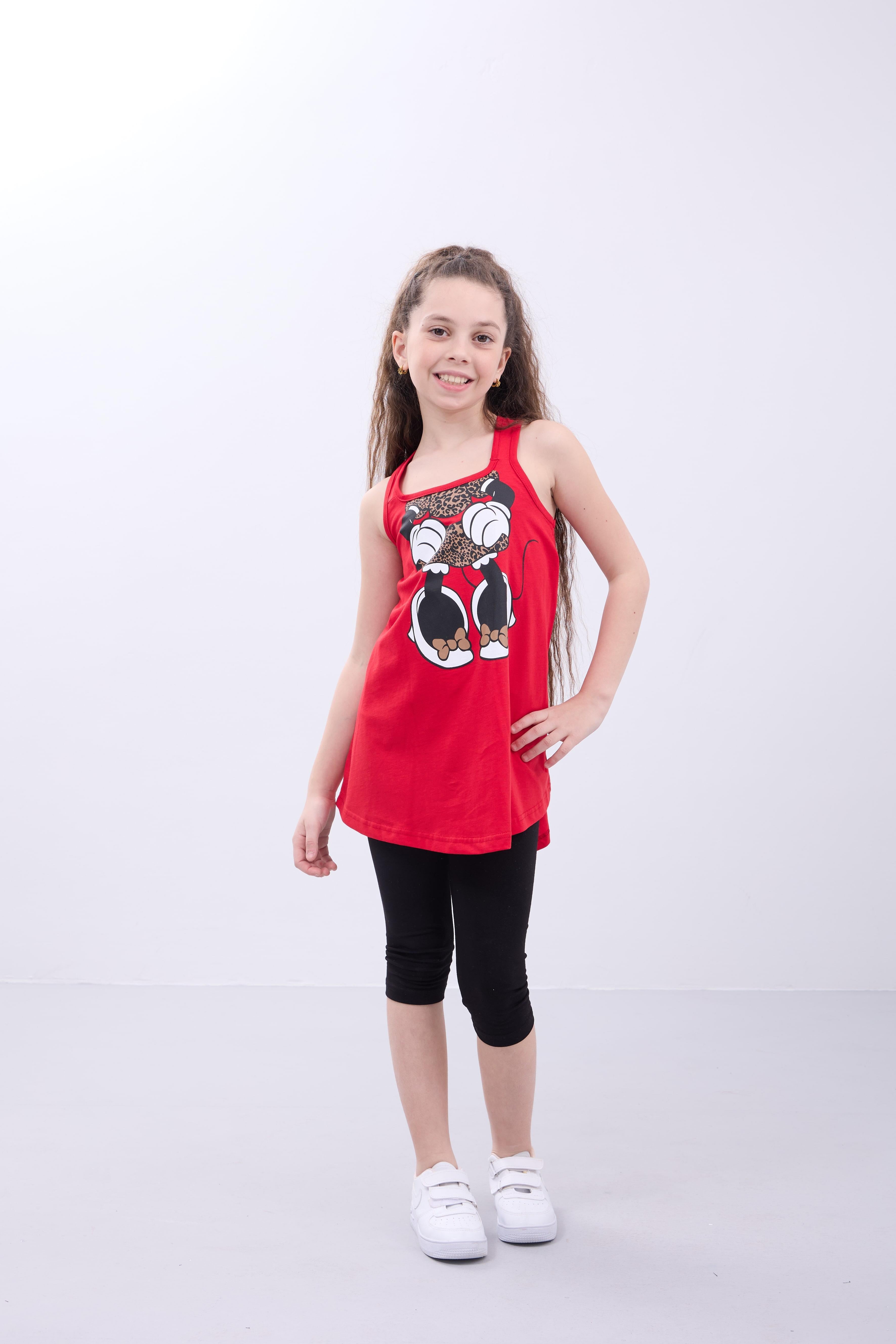 Kız Çocuk Leopar Desenli Minnie Mouse Baskılı Askılı Tunik ve Tayt Takımı