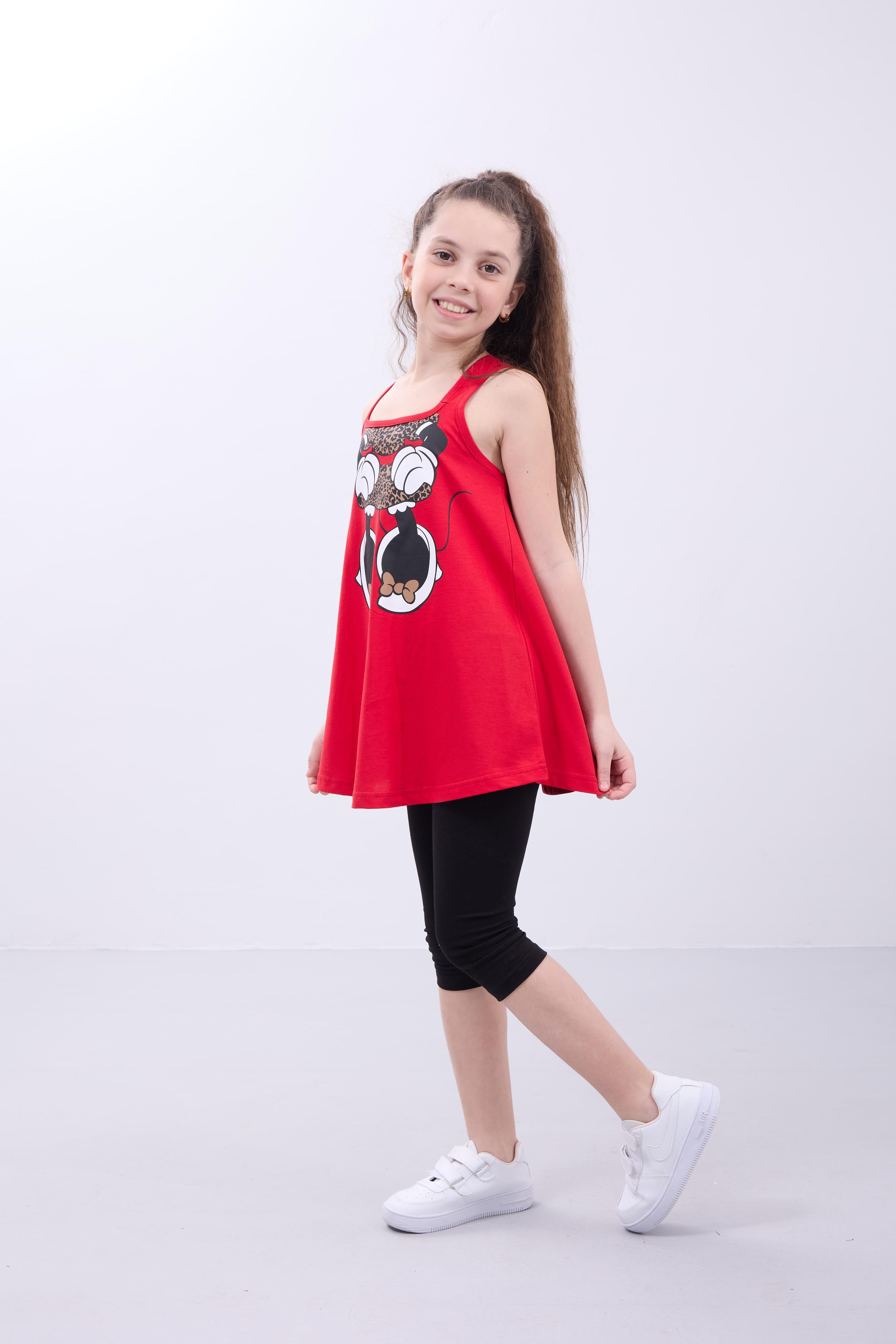 Kız Çocuk Leopar Desenli Minnie Mouse Baskılı Askılı Tunik ve Tayt Takımı