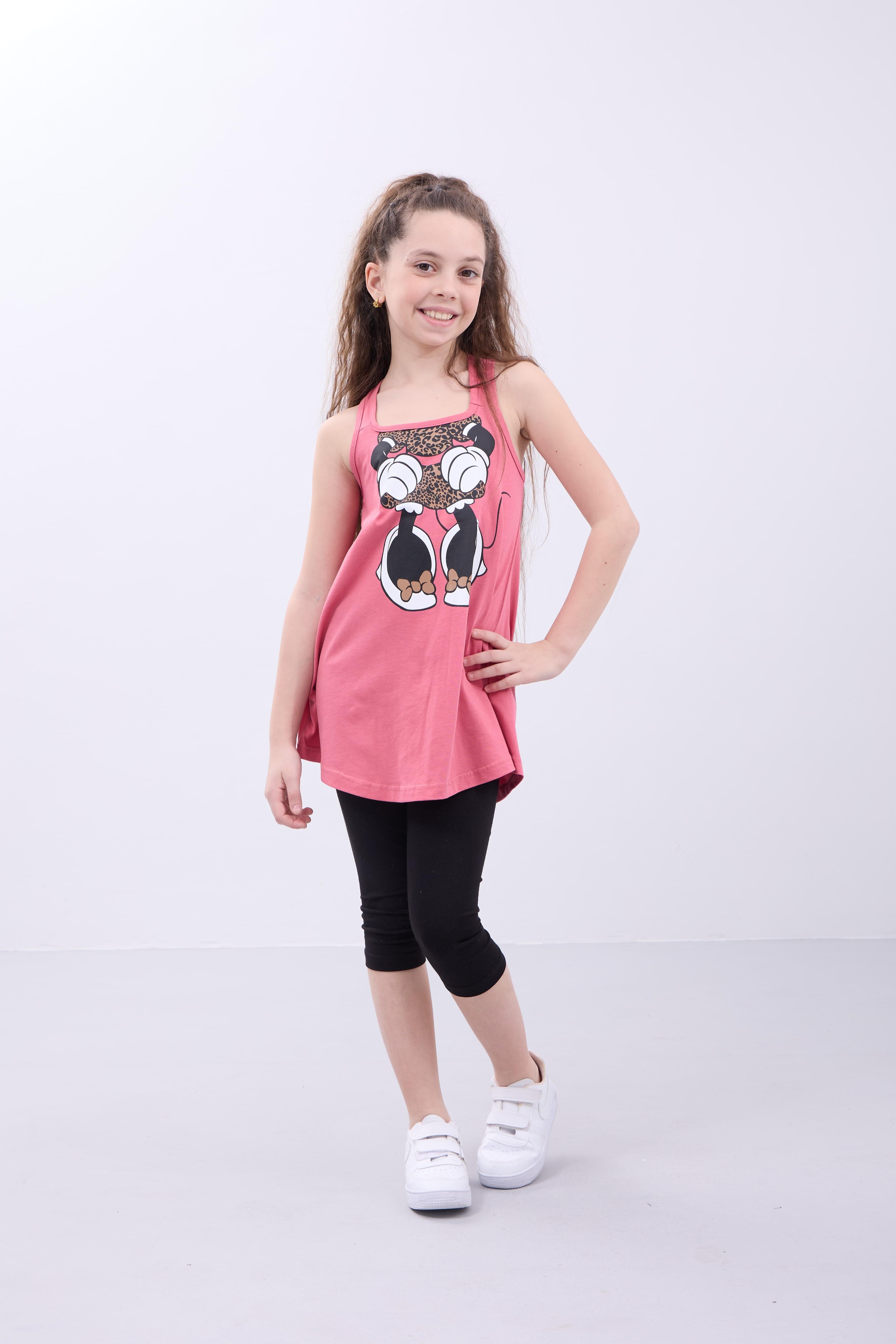 Kız Çocuk Leopar Desenli Minnie Mouse Baskılı Askılı Tunik ve Tayt Takımı