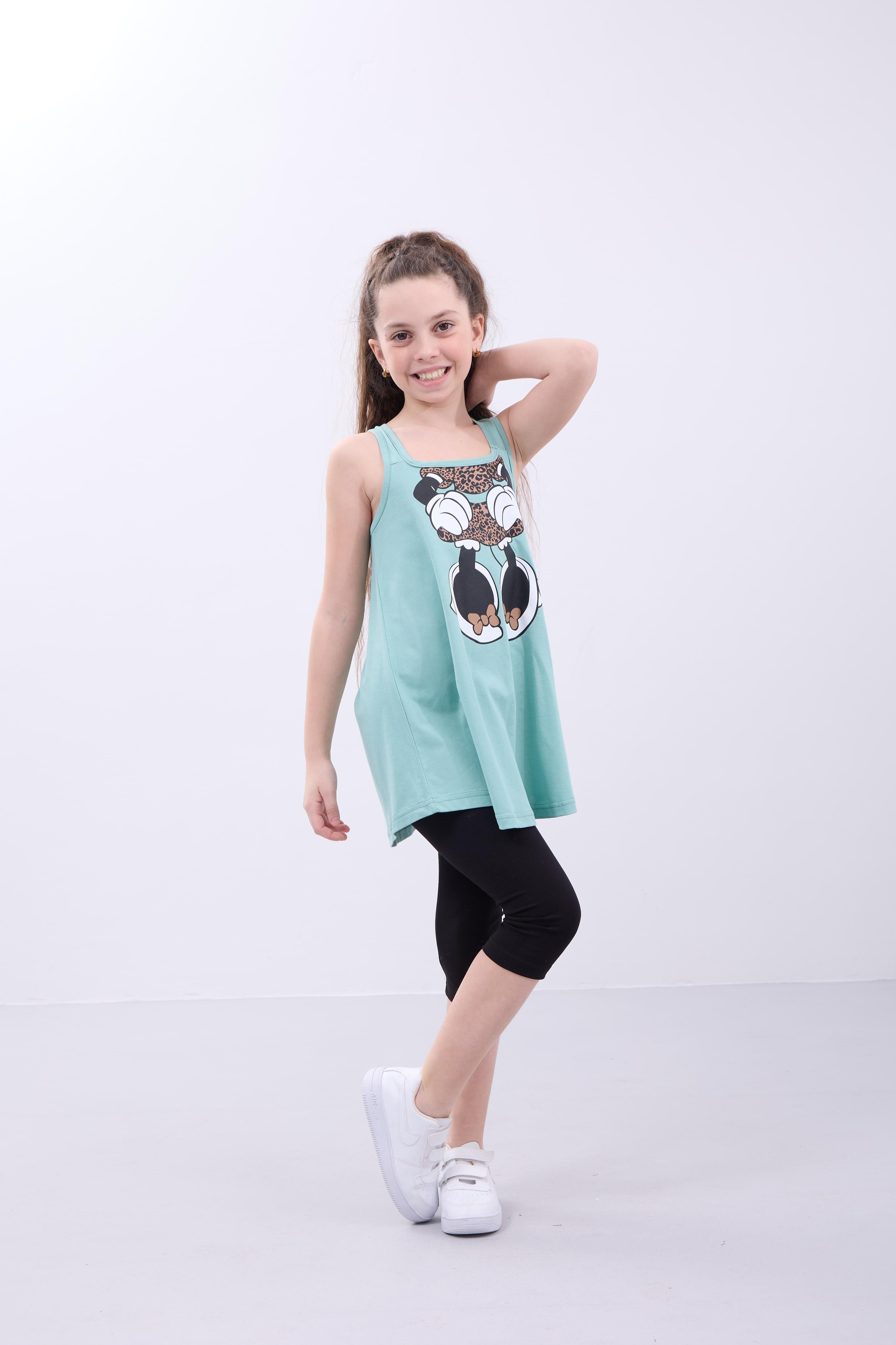 Kız Çocuk Leopar Desenli Minnie Mouse Baskılı Askılı Tunik ve Tayt Takımı