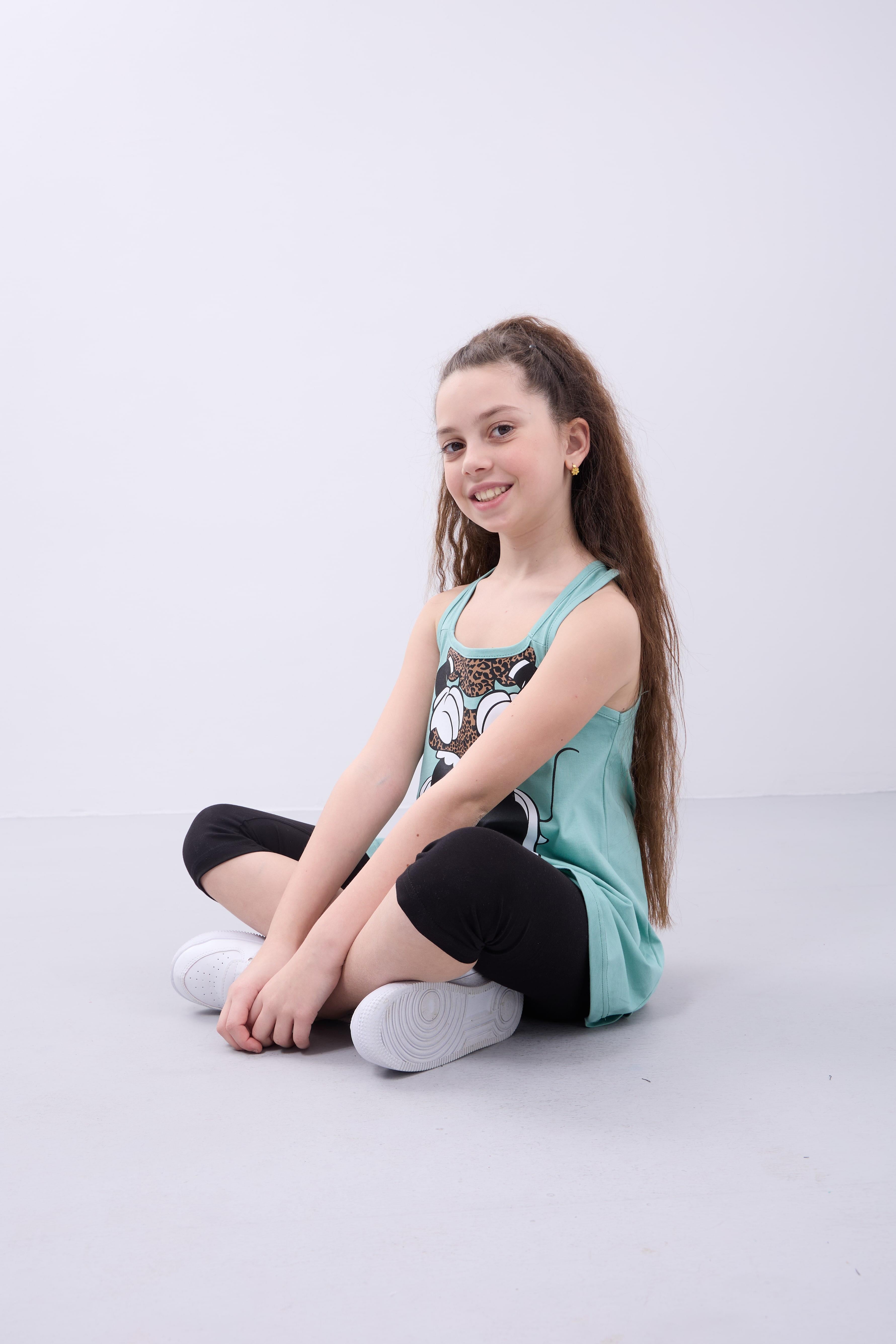 Kız Çocuk Leopar Desenli Minnie Mouse Baskılı Askılı Tunik ve Tayt Takımı