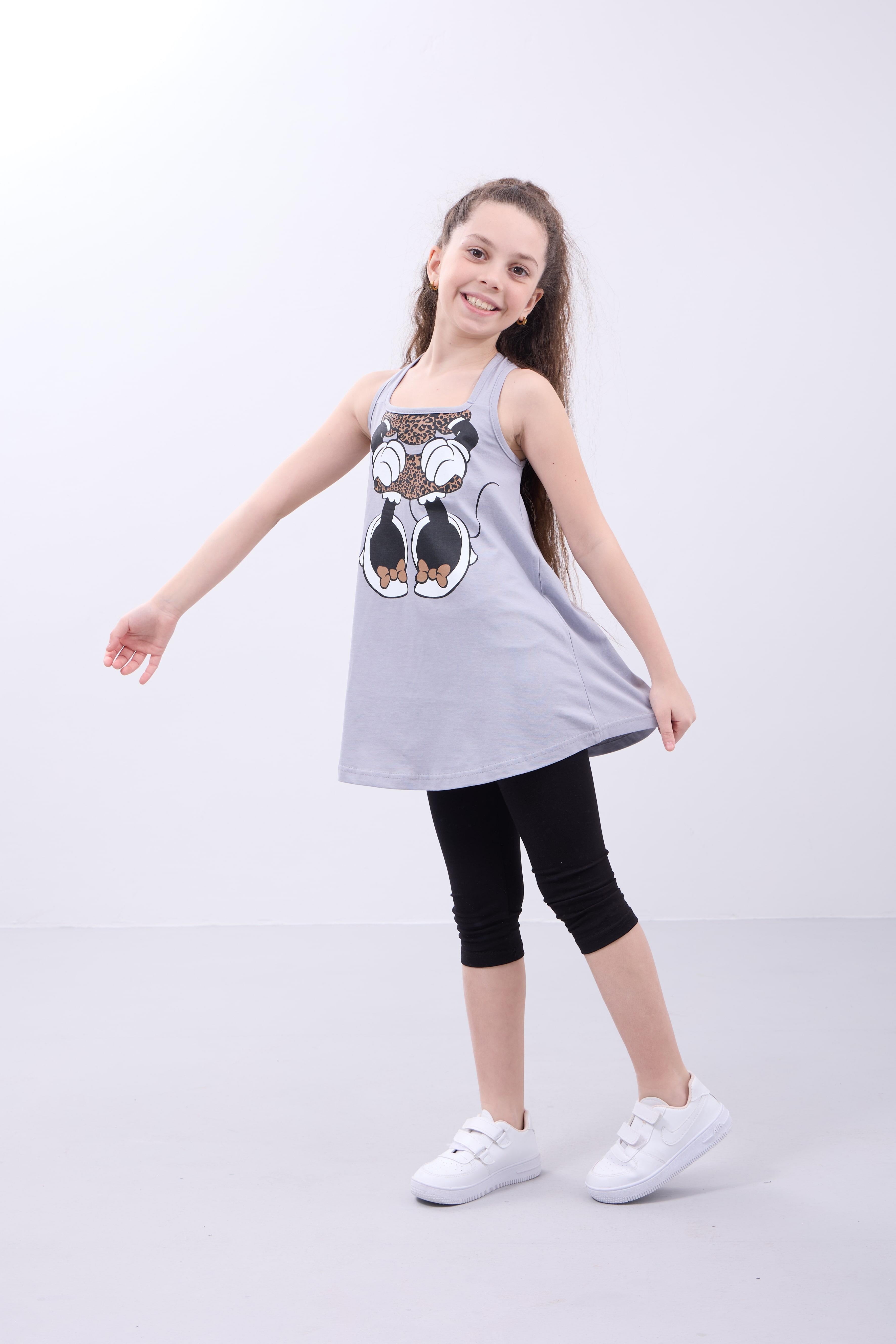 Kız Çocuk Leopar Desenli Minnie Mouse Baskılı Askılı Tunik ve Tayt Takımı