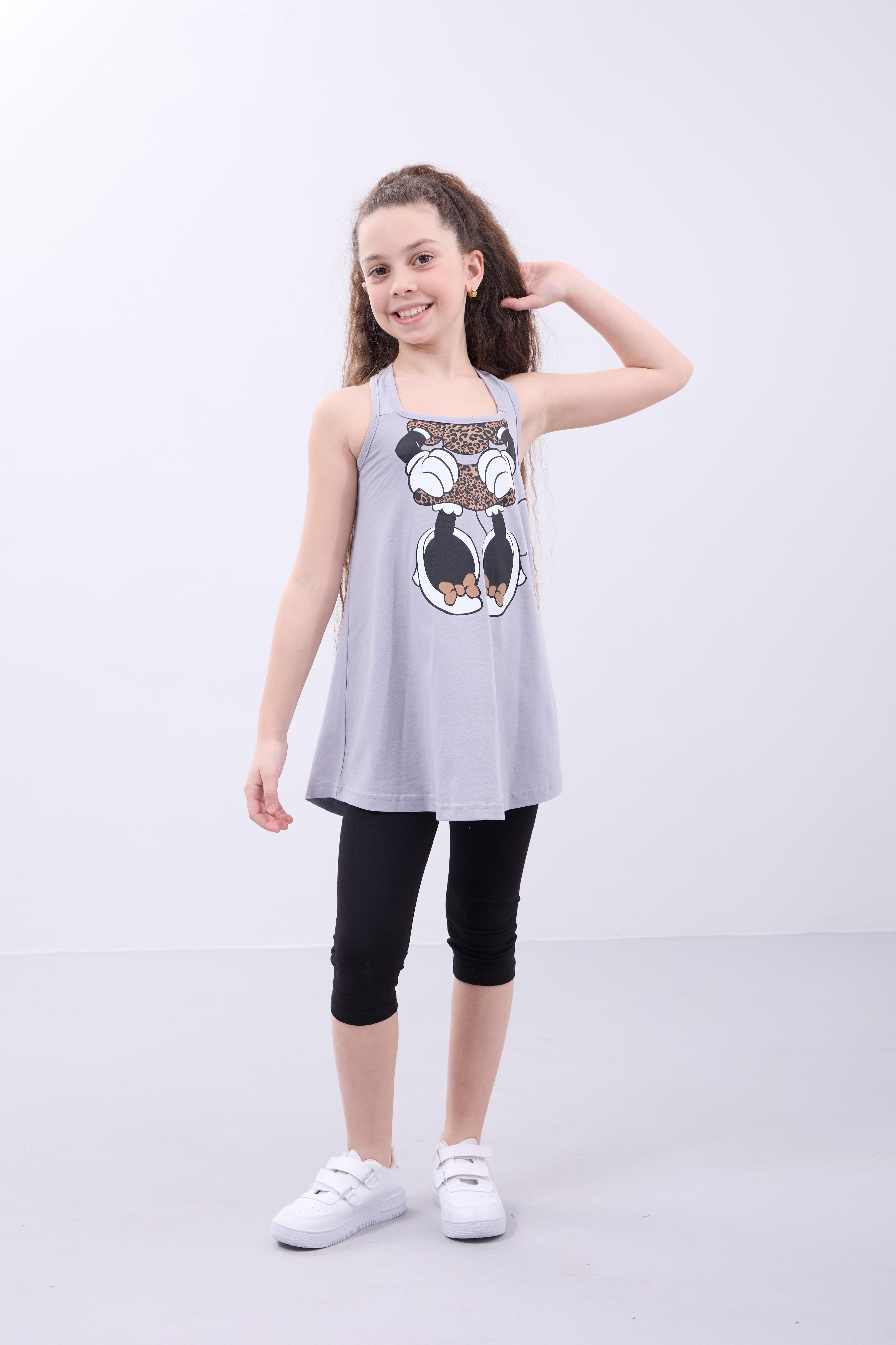 Kız Çocuk Leopar Desenli Minnie Mouse Baskılı Askılı Tunik ve Tayt Takımı
