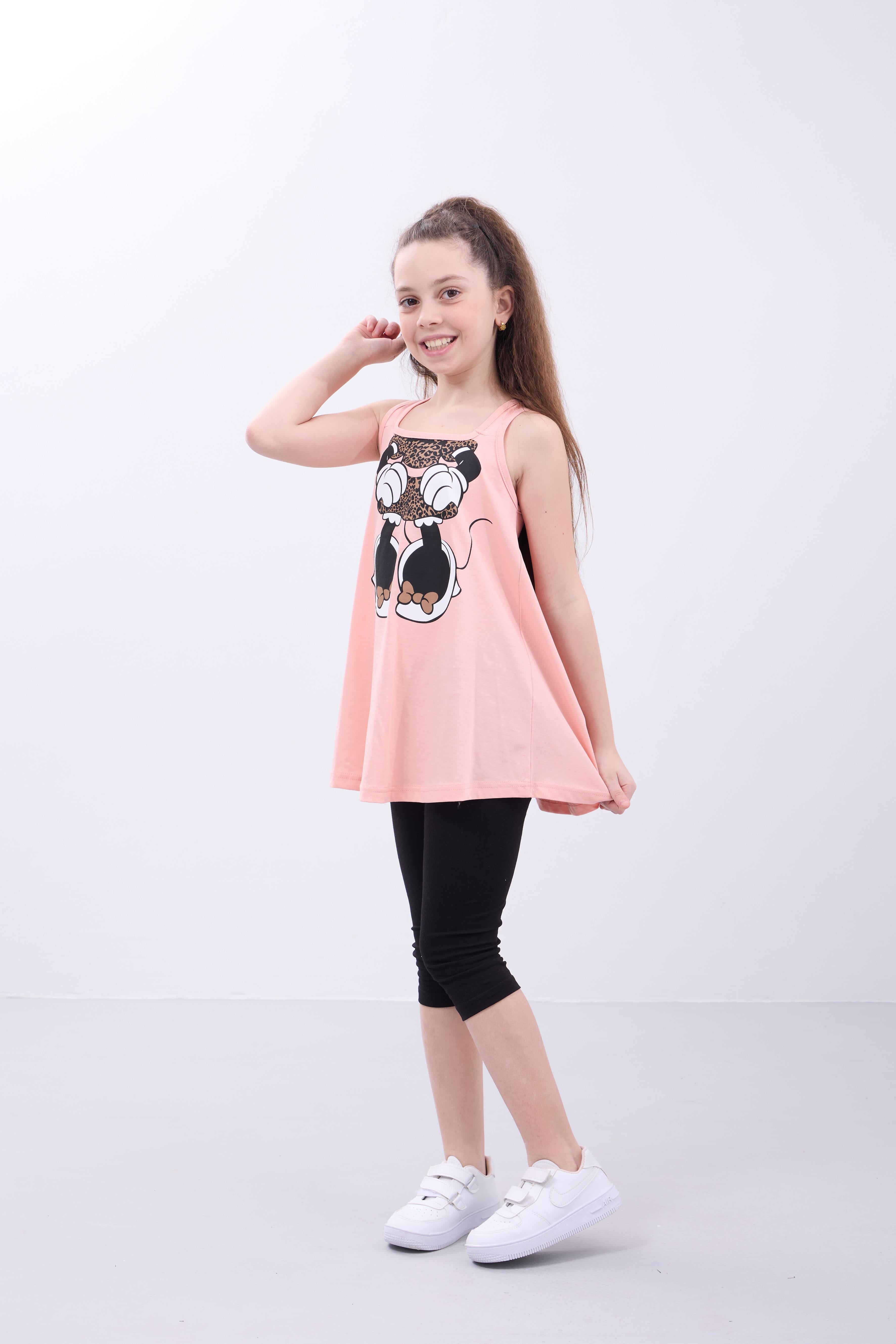 Kız Çocuk Leopar Desenli Minnie Mouse Baskılı Askılı Tunik ve Tayt Takımı