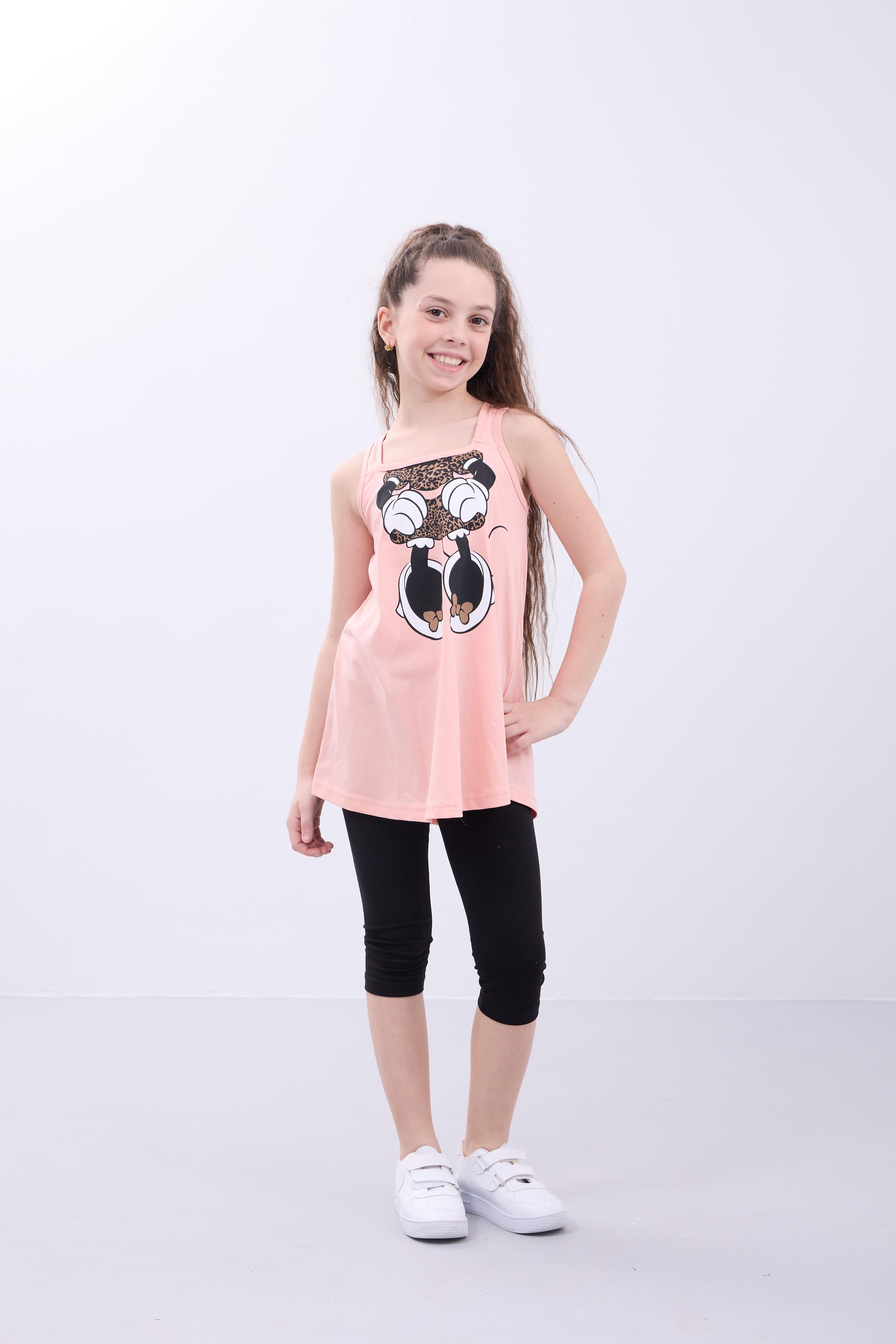Kız Çocuk Leopar Desenli Minnie Mouse Baskılı Askılı Tunik ve Tayt Takımı