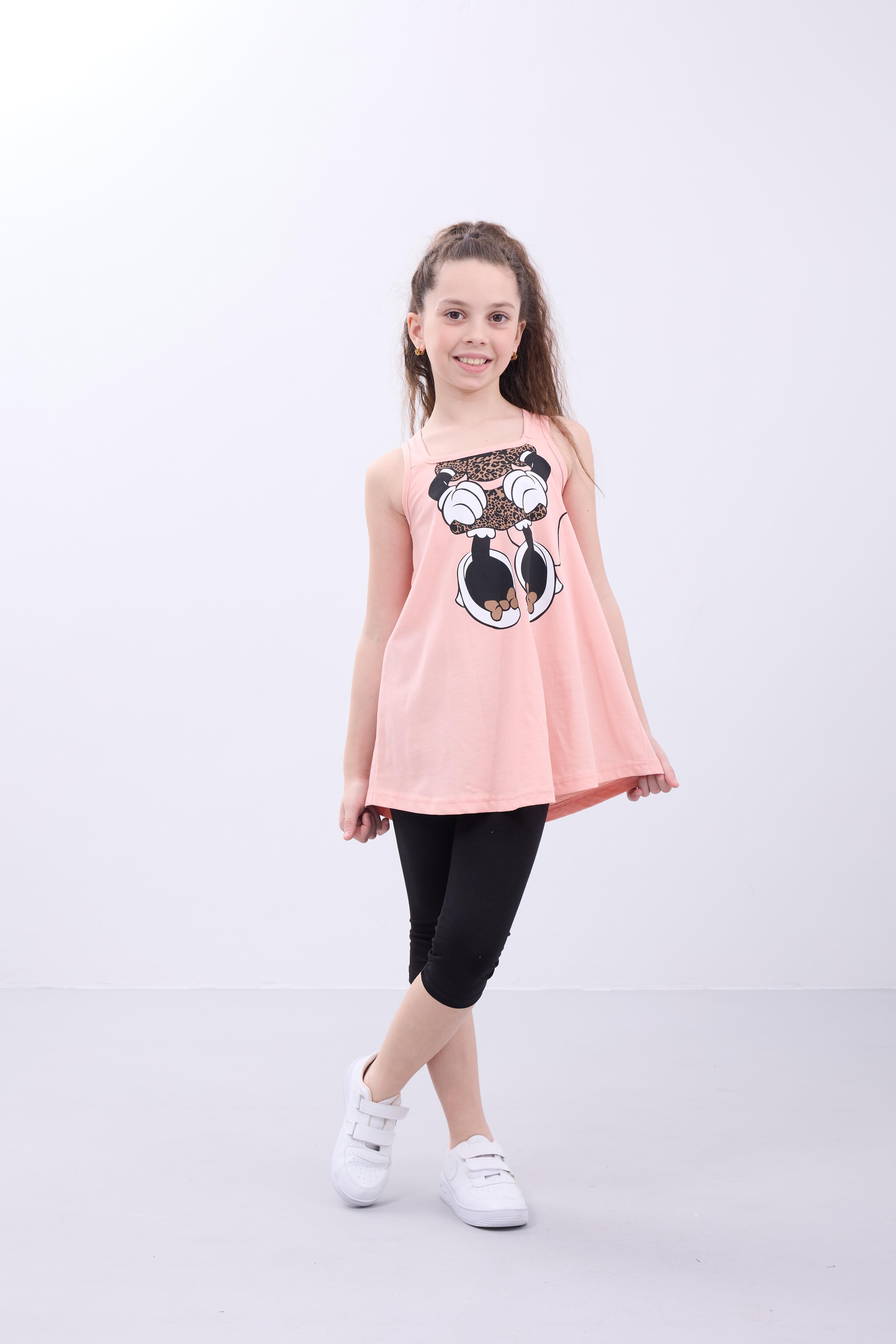 Kız Çocuk Leopar Desenli Minnie Mouse Baskılı Askılı Tunik ve Tayt Takımı