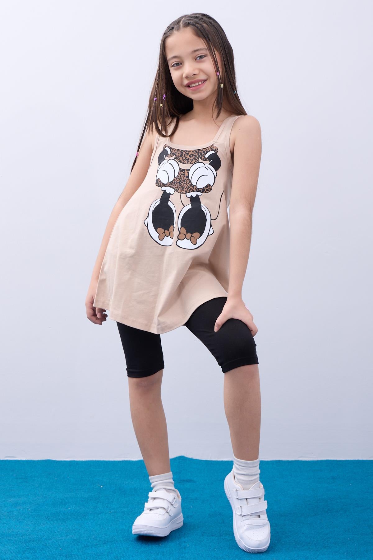 Kız Çocuk Leopar Desenli Minnie Mouse Baskılı Askılı Tunik ve Tayt Takımı - Taş - Perendi