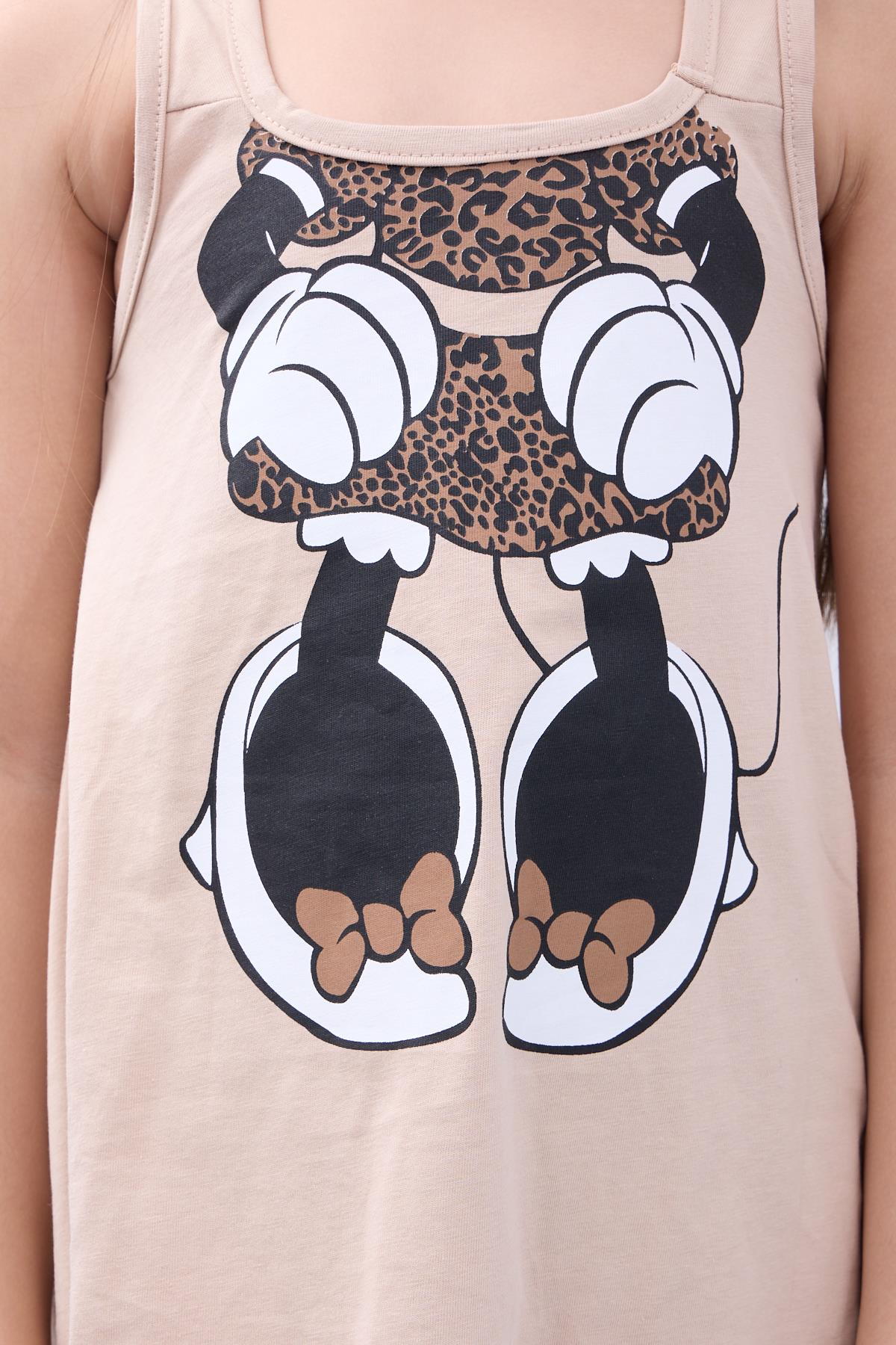 Kız Çocuk Leopar Desenli Minnie Mouse Baskılı Askılı Tunik ve Tayt Takımı - Taş - Perendi