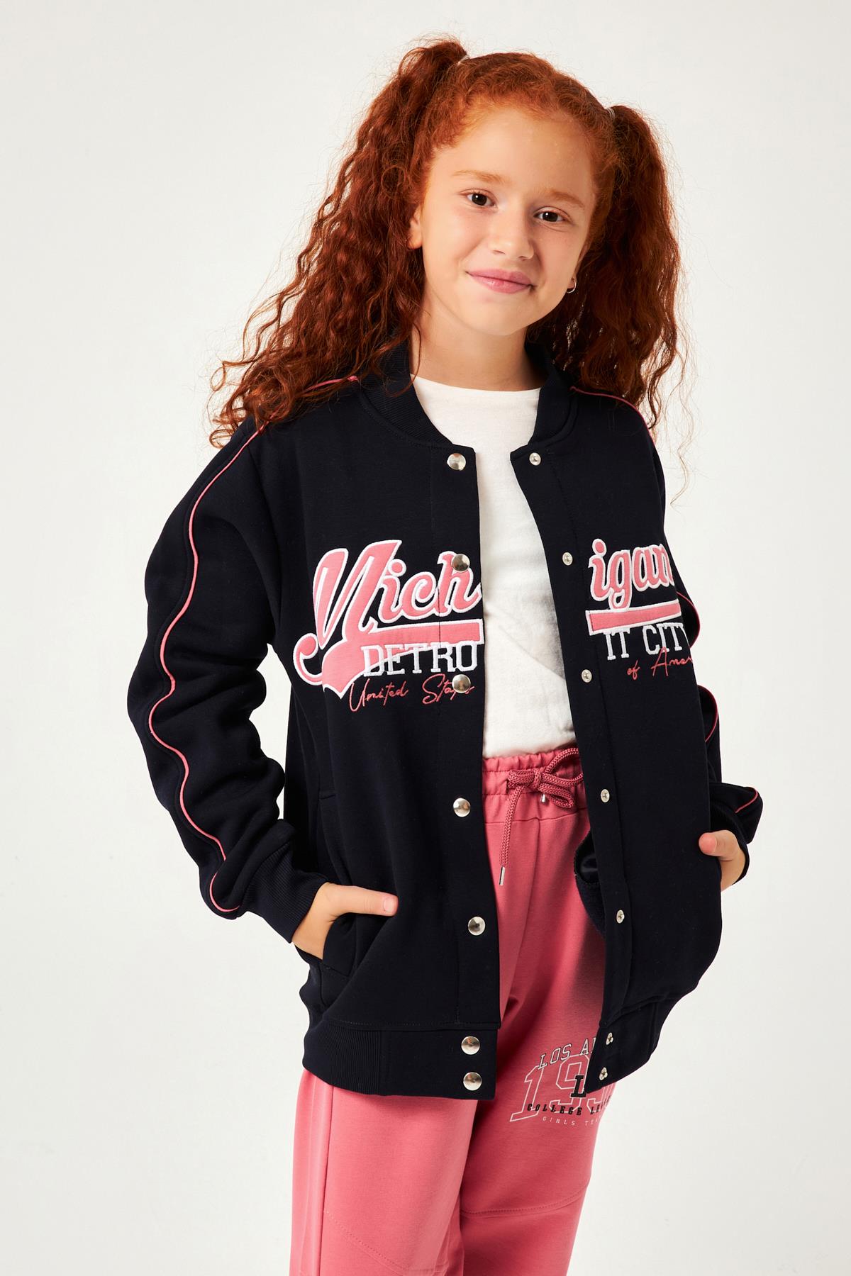 Michigan Nakış Detaylı Kız Çocuk Kolej Ceket Lacivert - Perendi