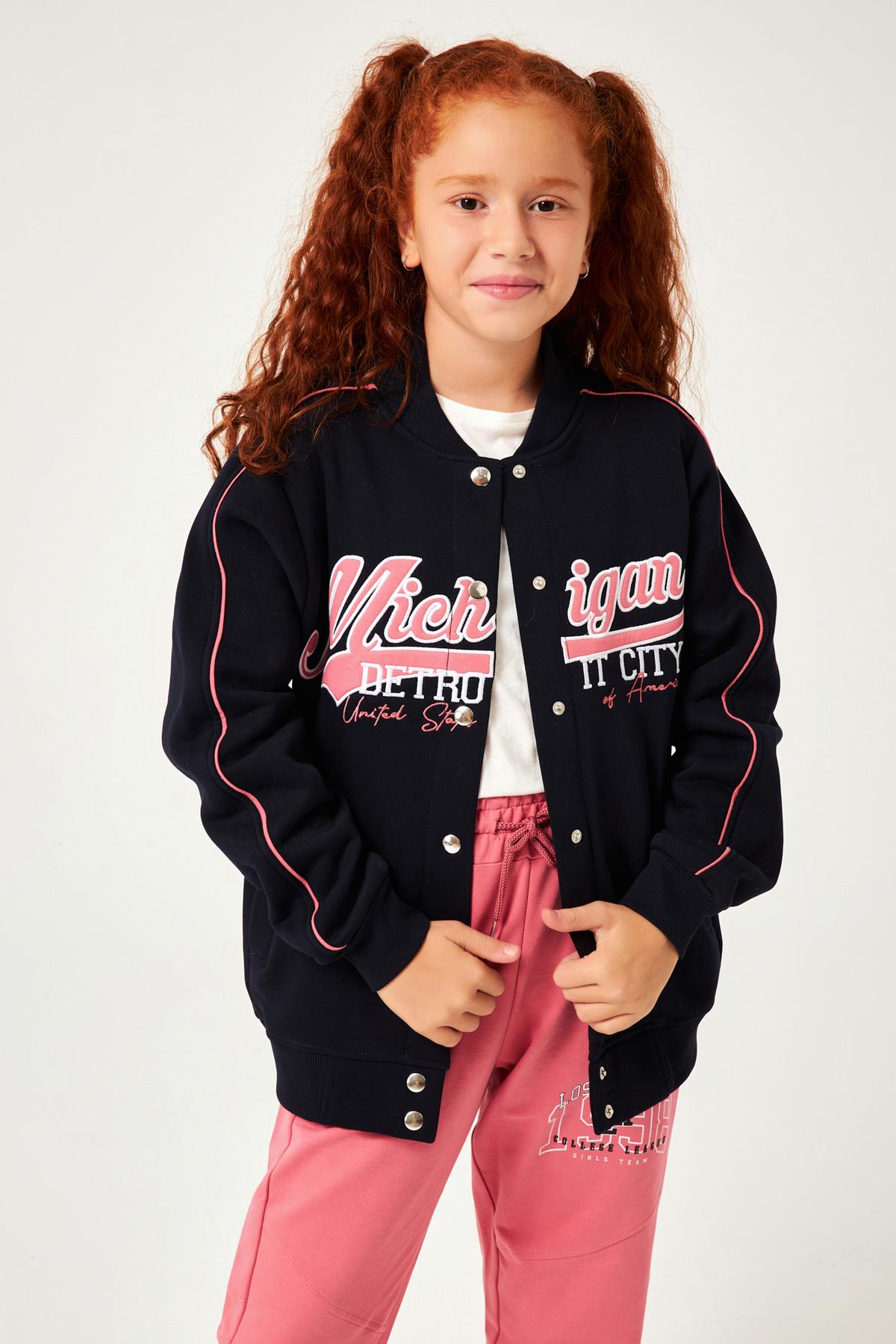 Michigan Nakış Detaylı Kız Çocuk Kolej Ceket Lacivert - Perendi