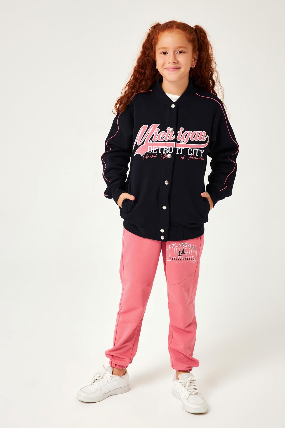 Michigan Nakış Detaylı Kız Çocuk Kolej Ceket Lacivert - Perendi