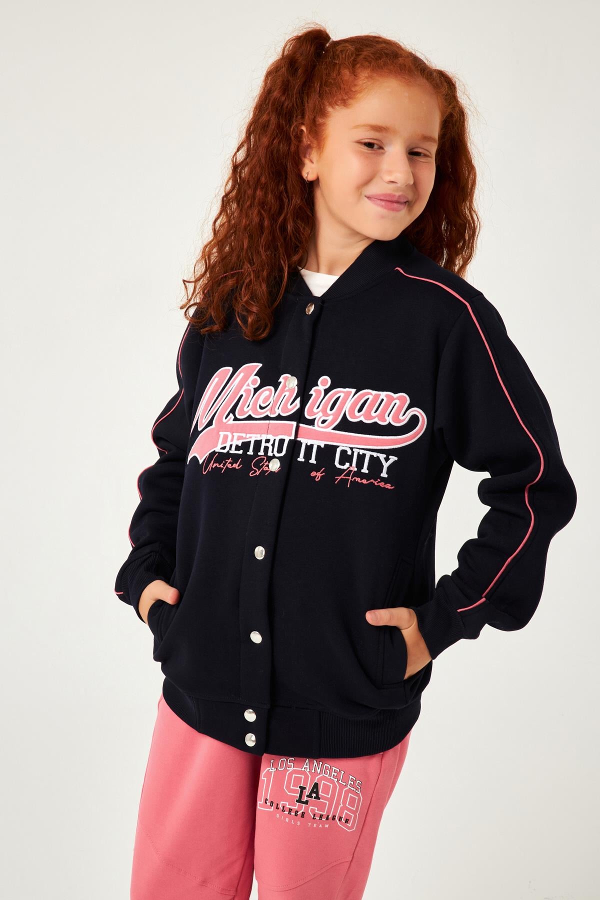 Michigan Nakış Detaylı Kız Çocuk Kolej Ceket Lacivert - Perendi