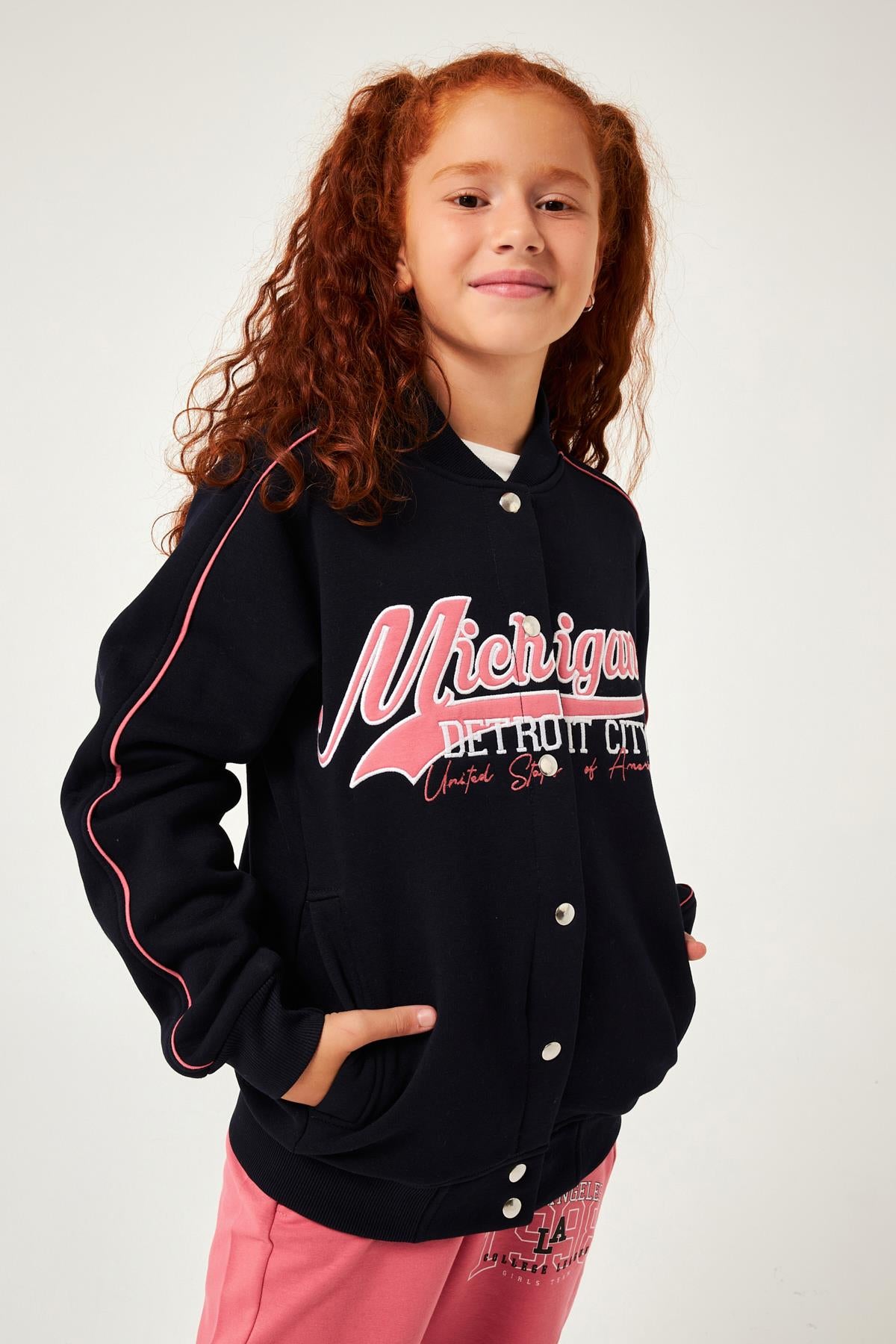 Michigan Nakış Detaylı Kız Çocuk Kolej Ceket Lacivert - Perendi