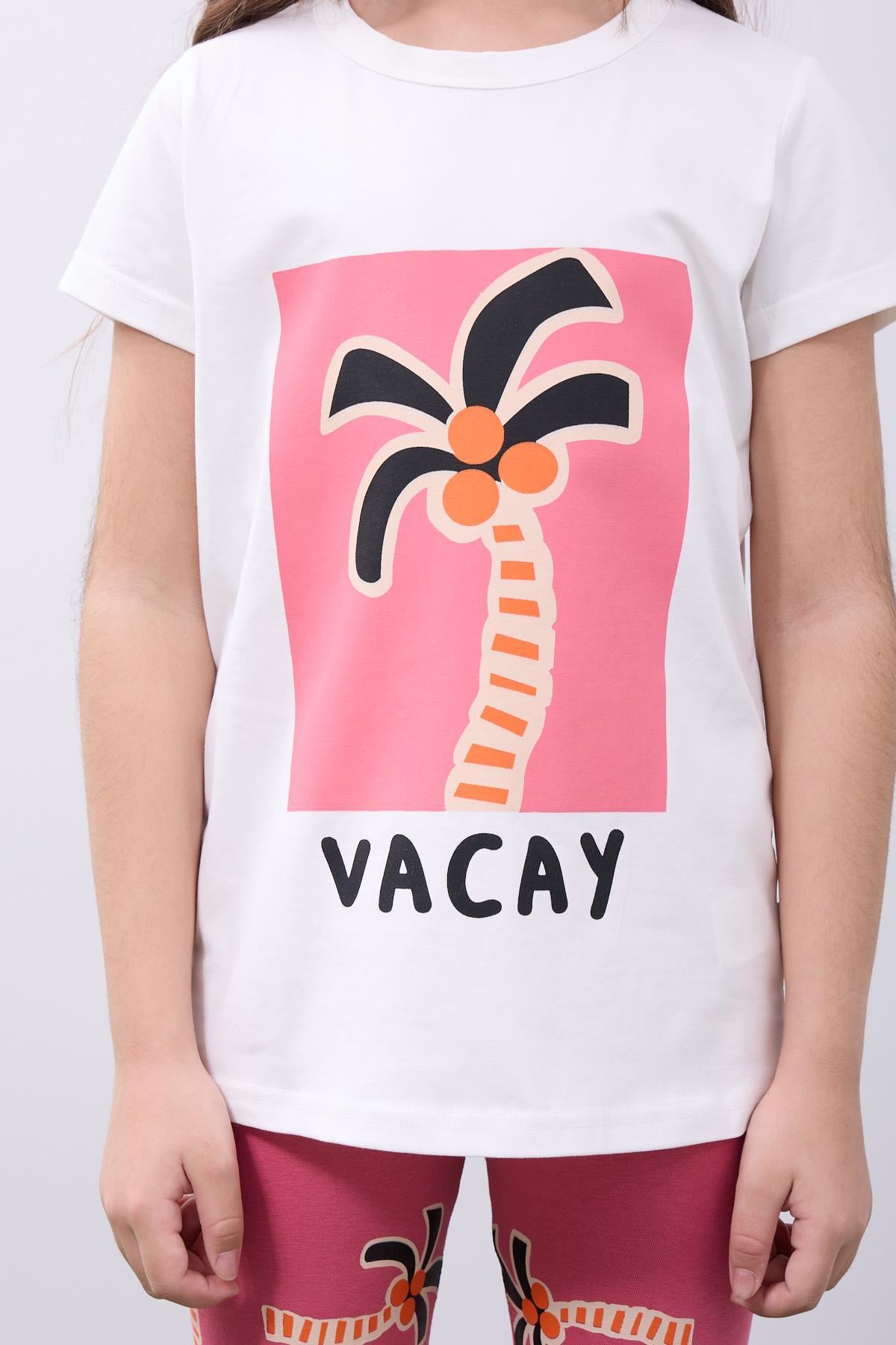 Kız Çocuk Palmiyeli Baskılı Yazlık Taytlı Takım