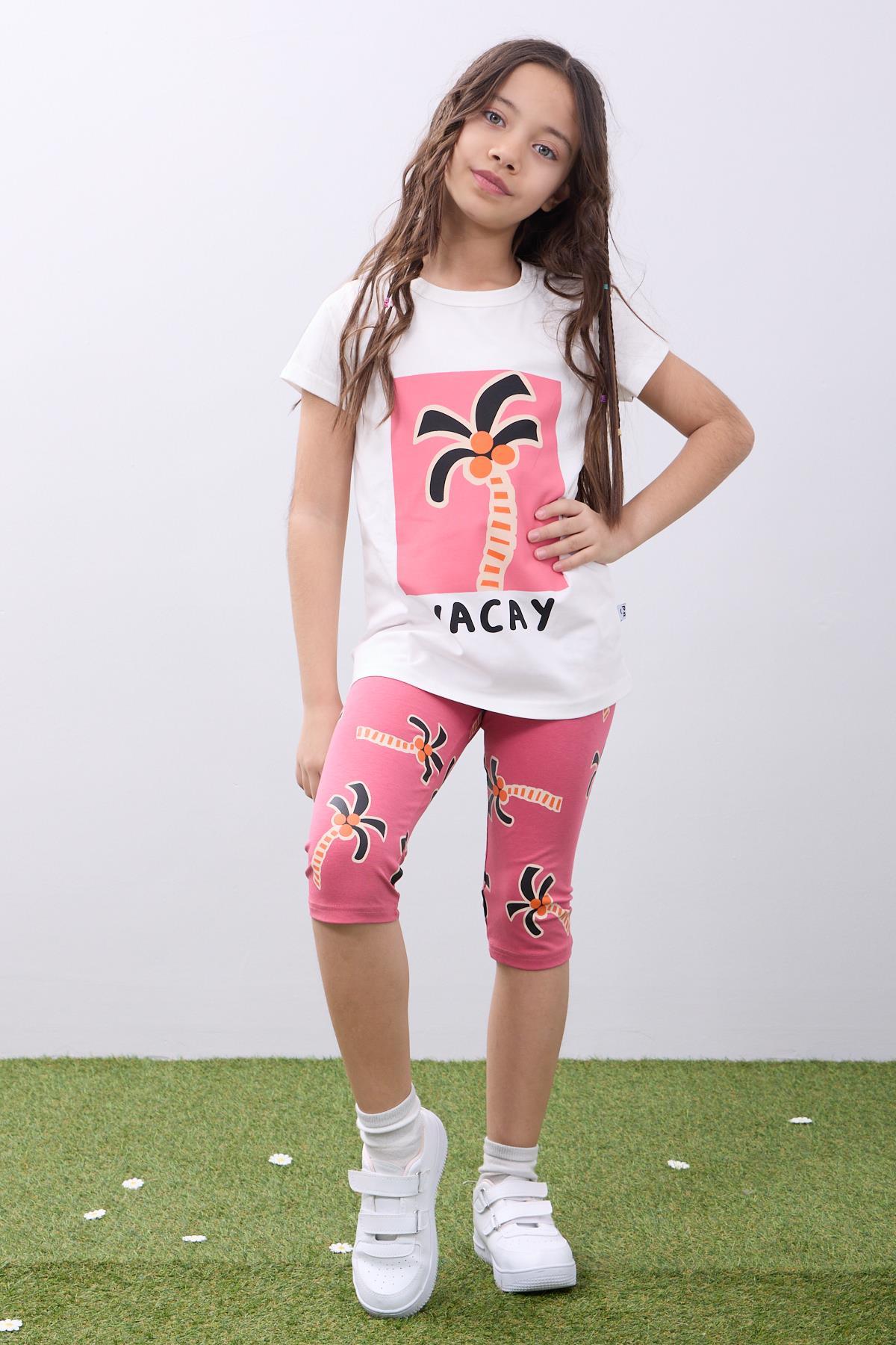 Kız Çocuk Palmiyeli Baskılı Yazlık Taytlı Takım