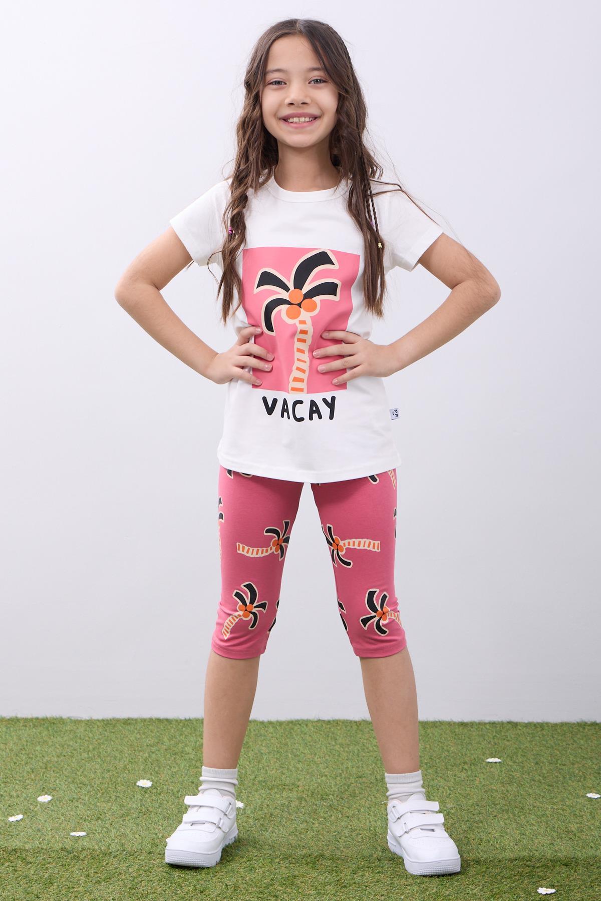 Kız Çocuk Palmiyeli Baskılı Yazlık Taytlı Takım