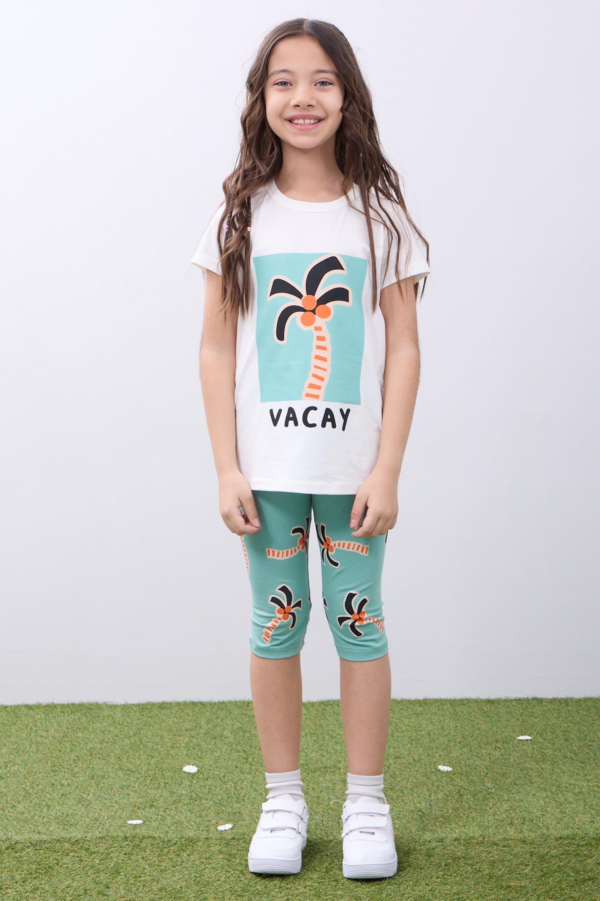 Kız Çocuk Palmiyeli Baskılı Yazlık Taytlı Takım