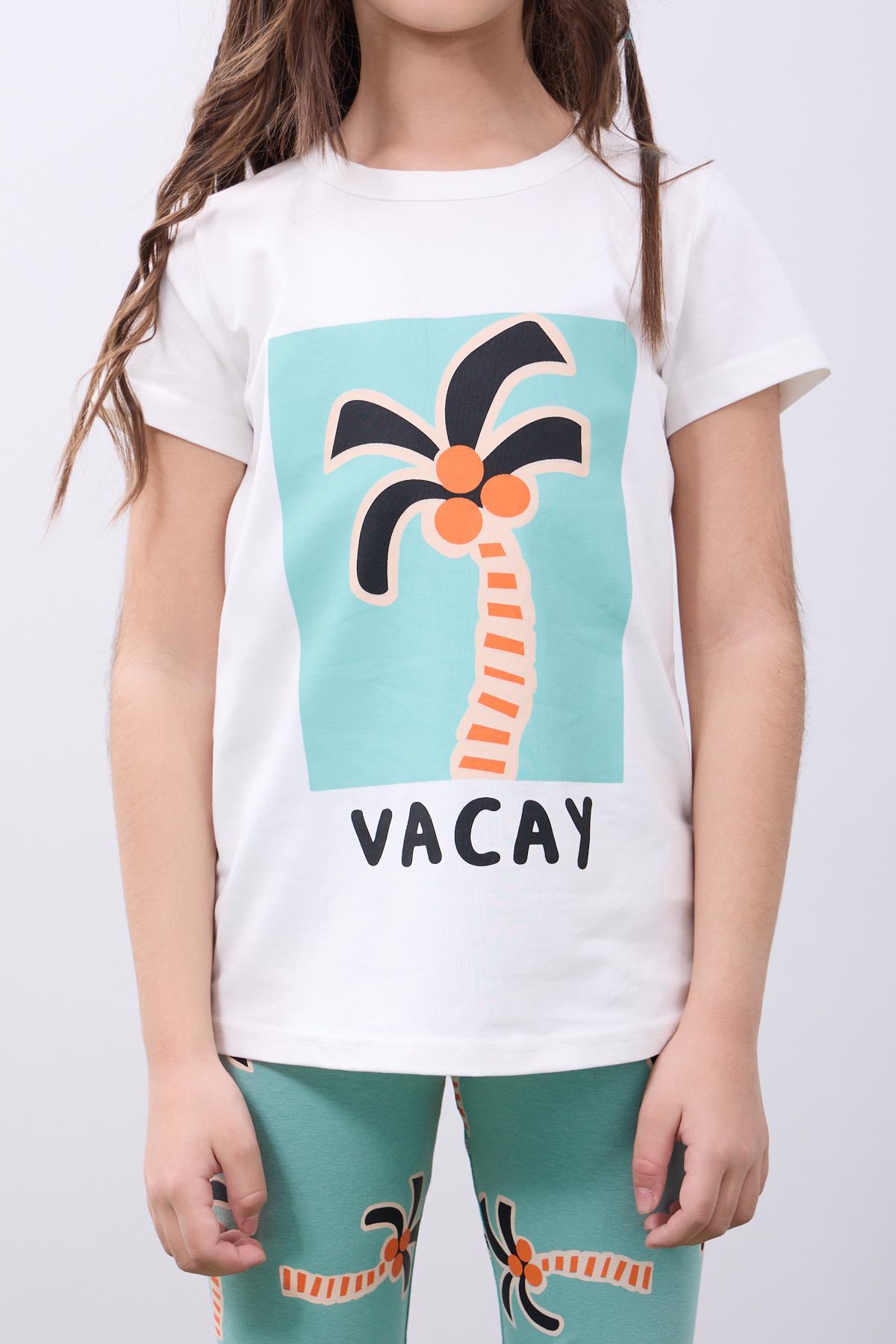 Kız Çocuk Palmiyeli Baskılı Yazlık Taytlı Takım