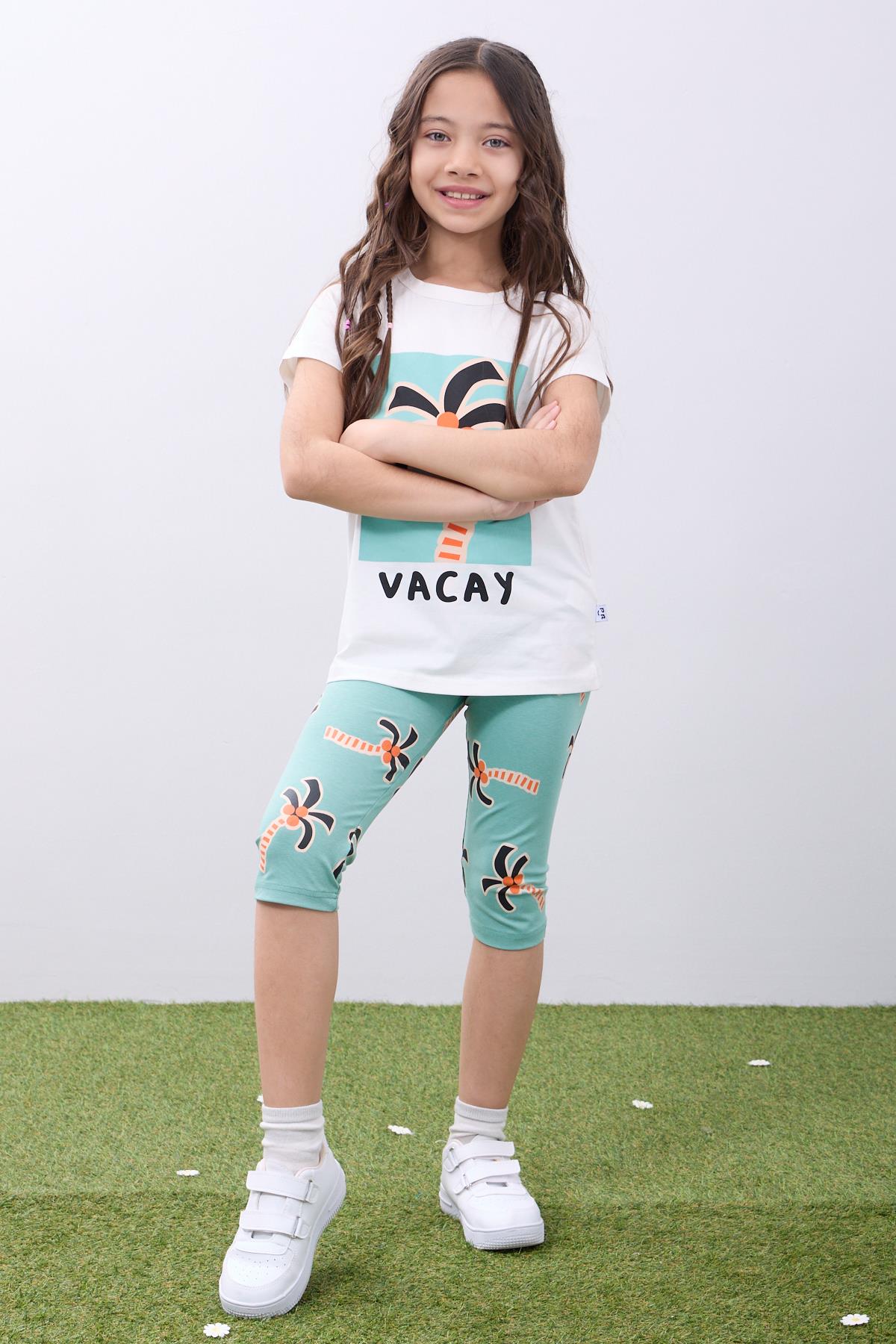 Kız Çocuk Palmiyeli Baskılı Yazlık Tişört ve Tayt Takımı -Rahat & Şık İkili Takım Ekru & Çağla - Perendi