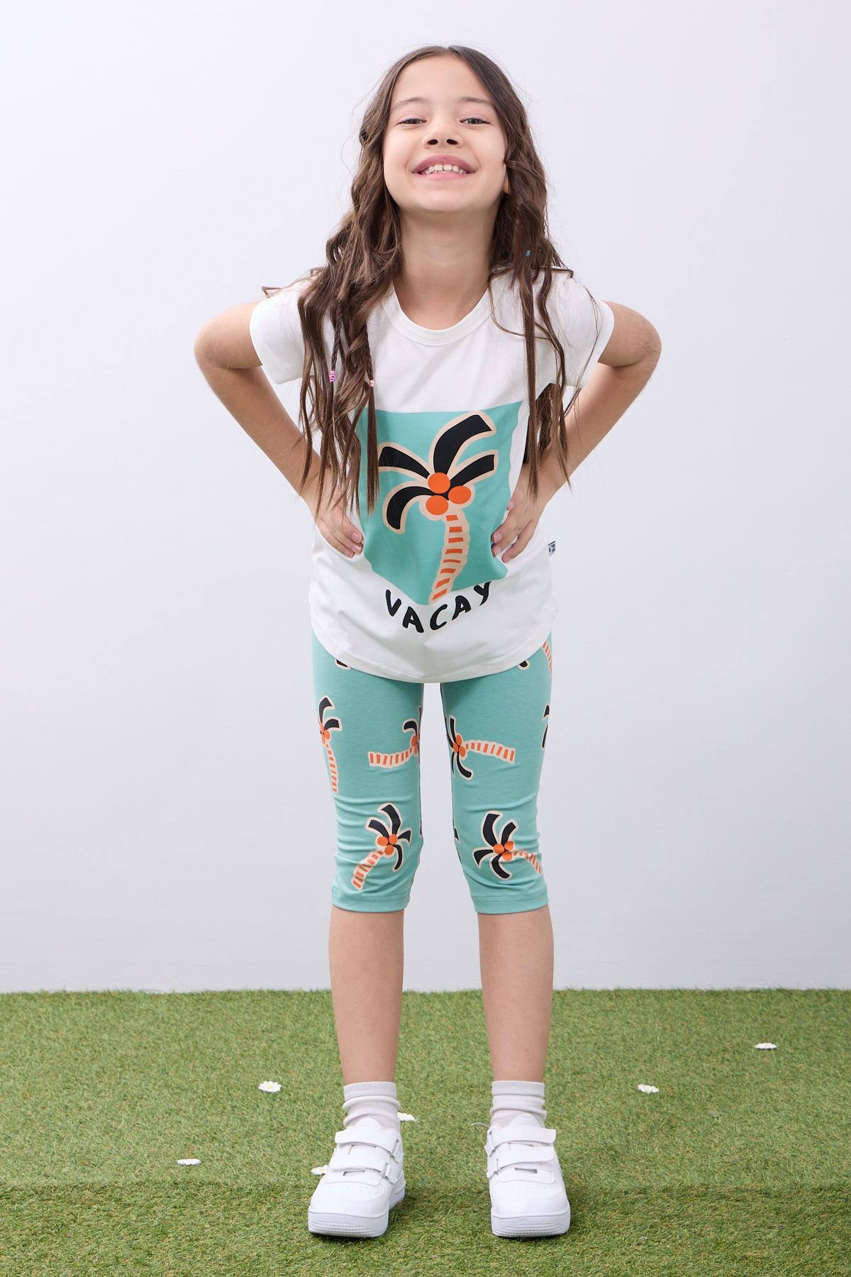 Kız Çocuk Palmiyeli Baskılı Yazlık Tişört ve Tayt Takımı -Rahat & Şık İkili Takım Ekru & Çağla - Perendi