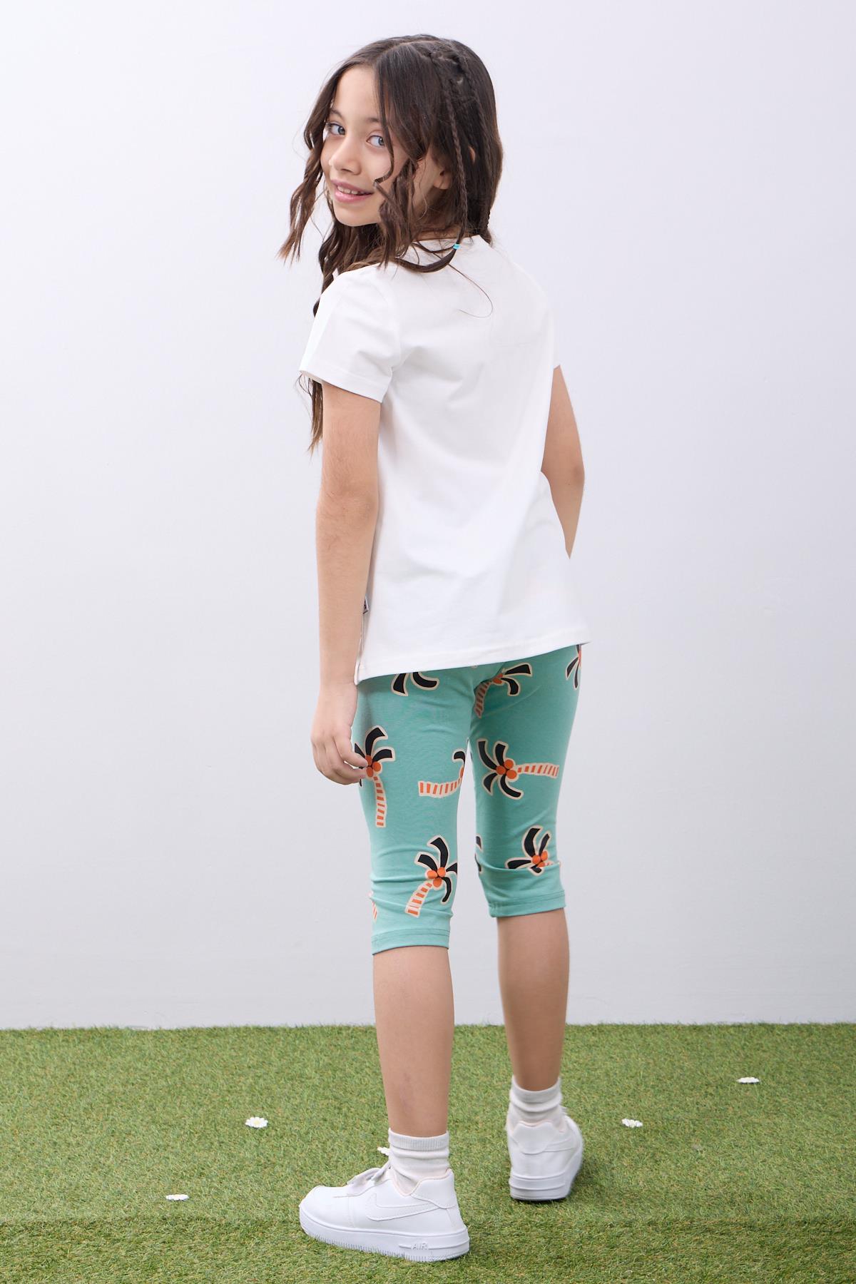 Kız Çocuk Palmiyeli Baskılı Yazlık Tişört ve Tayt Takımı -Rahat & Şık İkili Takım Ekru & Çağla - Perendi