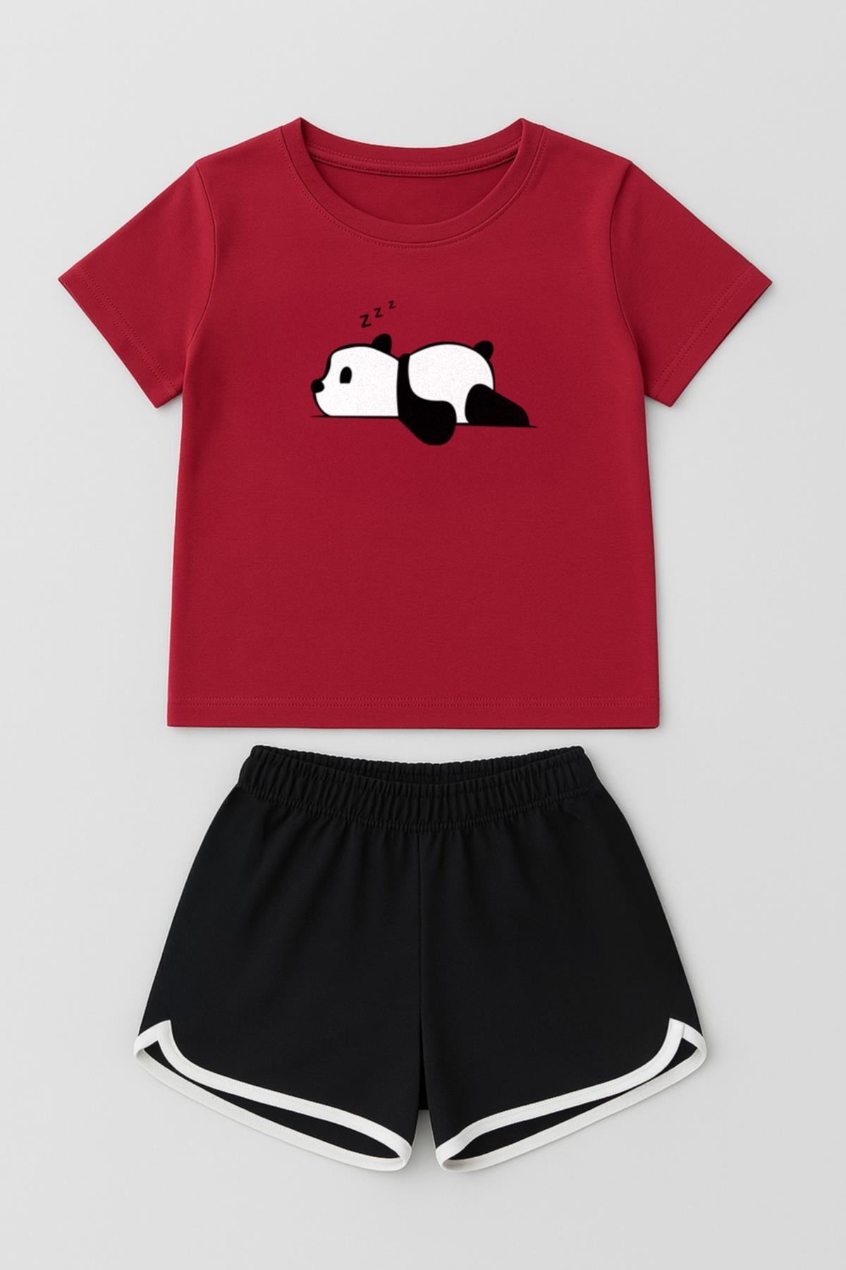 Kız Çocuk Panda Baskılı Biye Detaylı Şortlu Takım