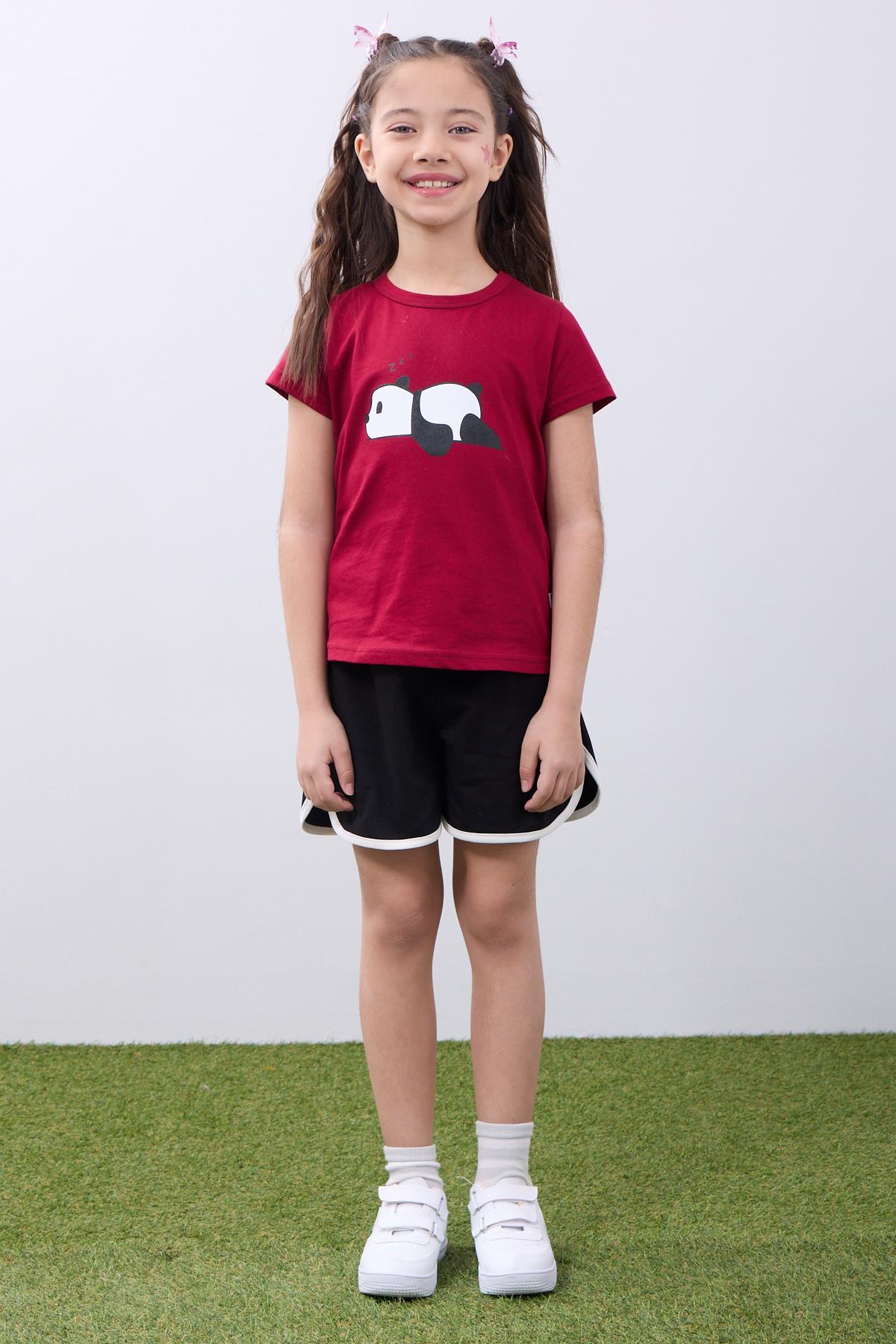 Kız Çocuk Panda Baskılı Biye Detaylı Şortlu Takım