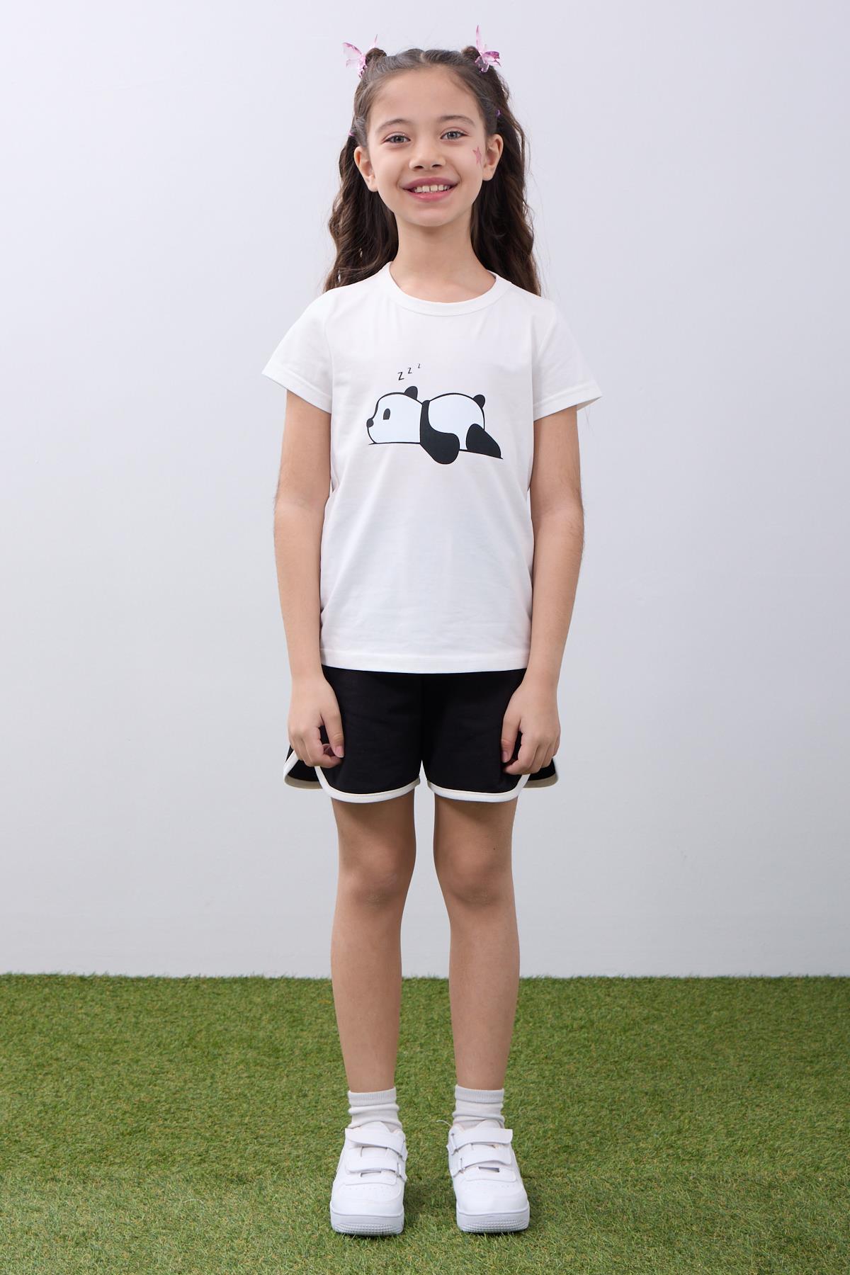 Kız Çocuk Panda Baskılı Biye Detaylı Şortlu Takım