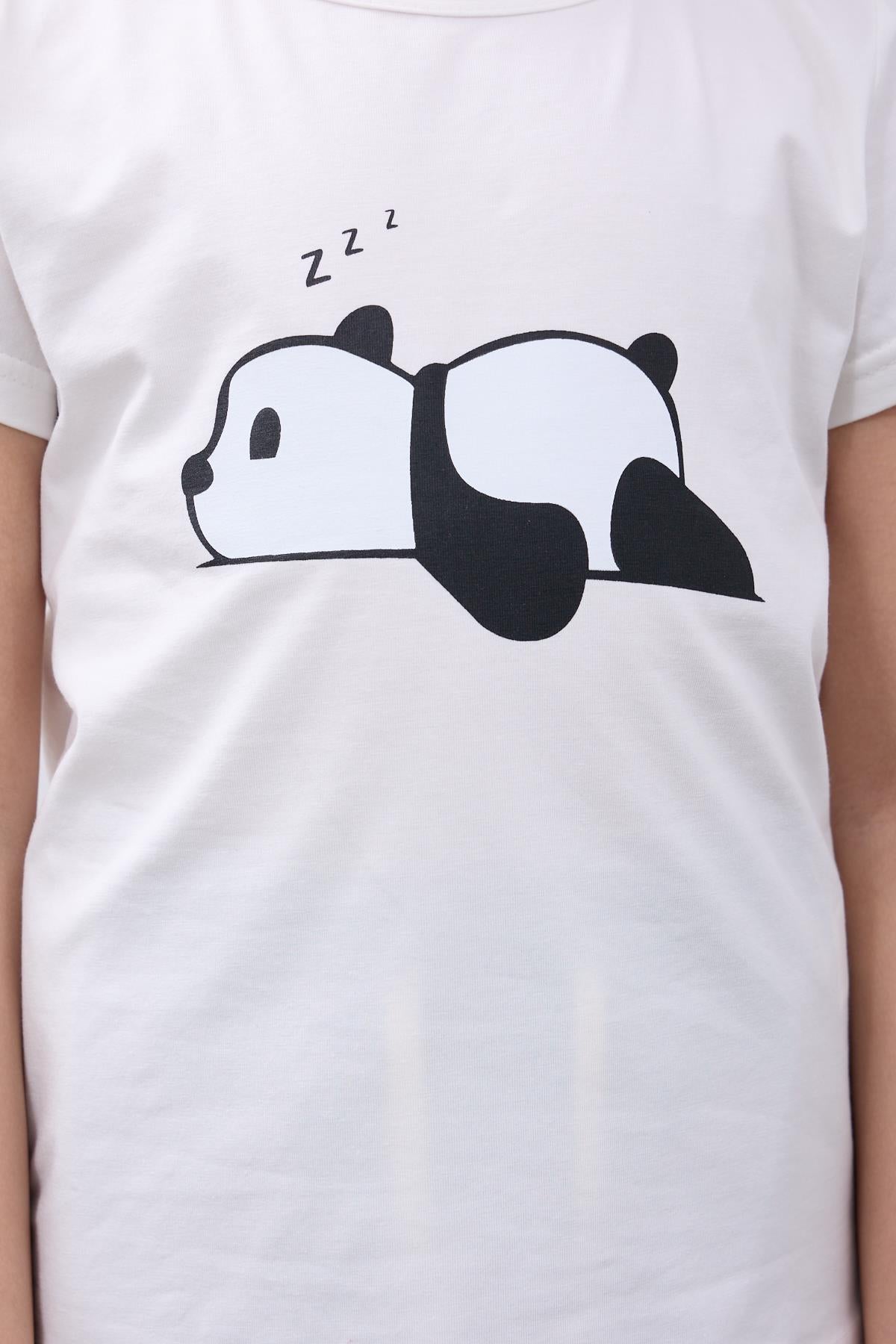 Kız Çocuk Panda Baskılı Biye Detaylı Şortlu Takım