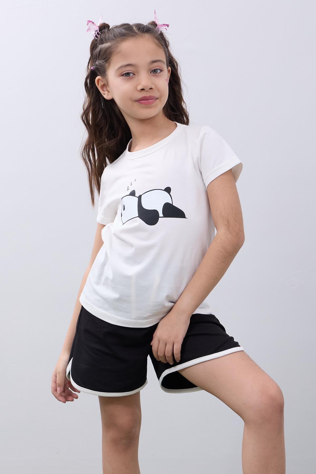 Kız Çocuk Panda Baskılı Biye Detaylı Şortlu Takım