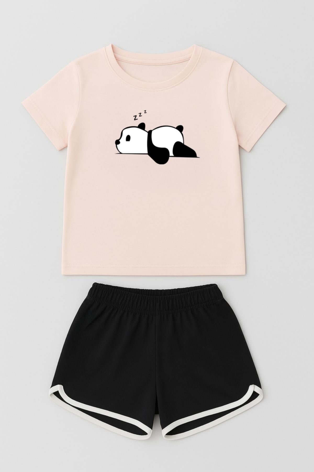 Kız Çocuk Panda Baskılı Biye Detaylı Şortlu Takım