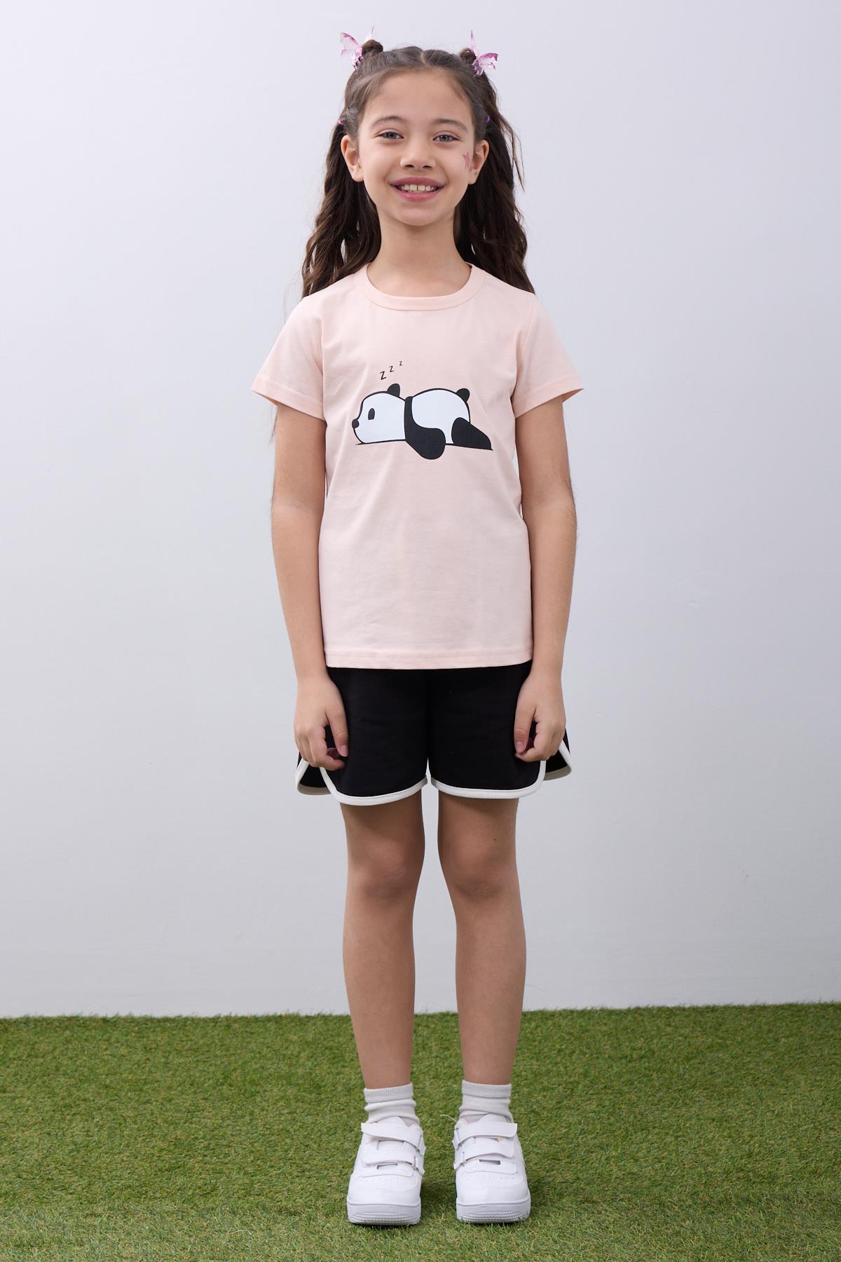 Kız Çocuk Panda Baskılı Biye Detaylı Şortlu Takım