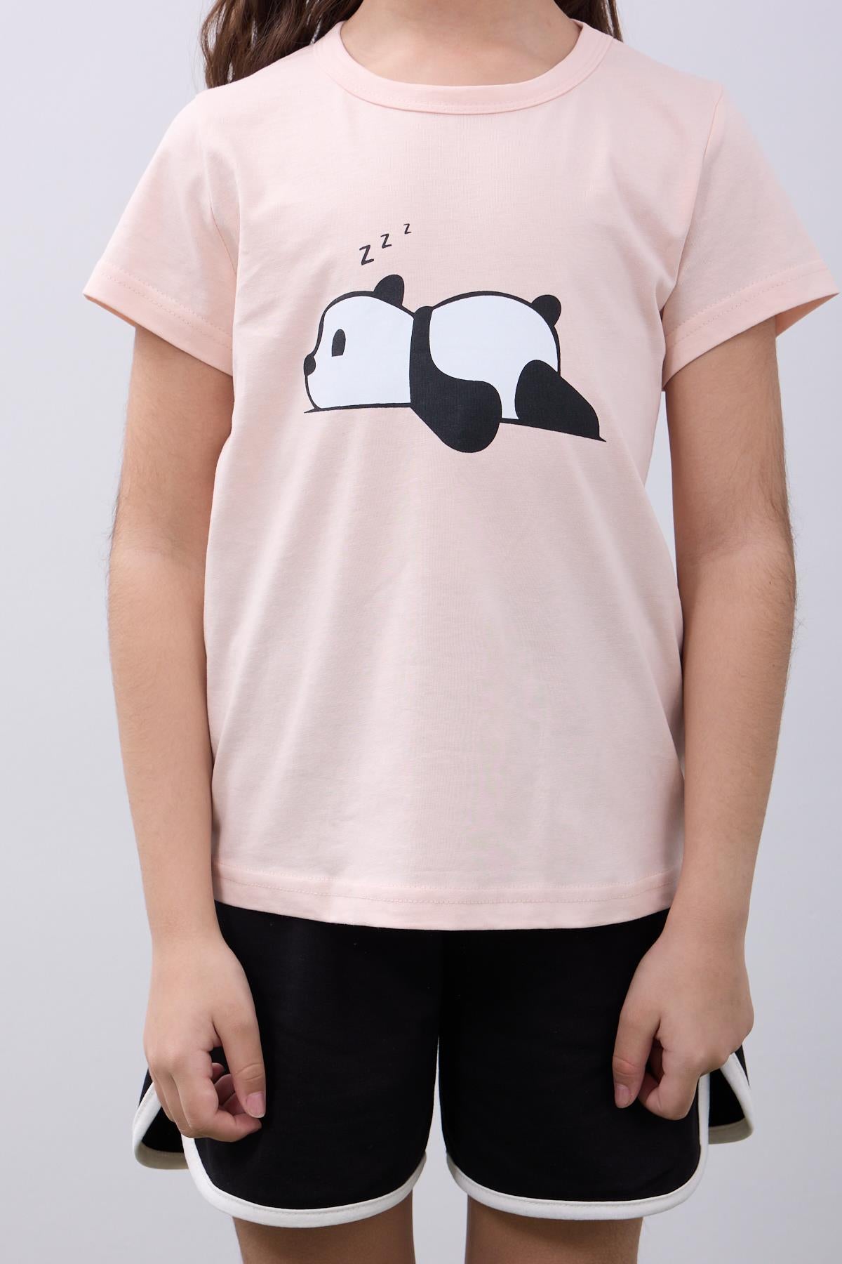 Kız Çocuk Panda Baskılı Biye Detaylı Şortlu Takım