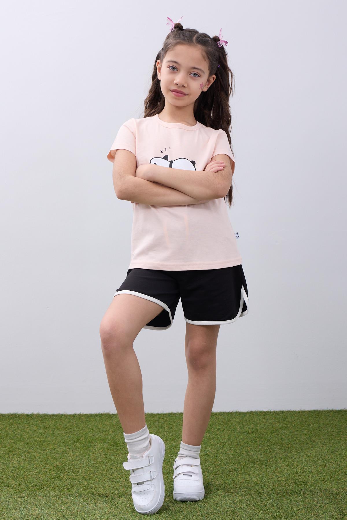 Kız Çocuk Panda Baskılı Biye Detaylı Şortlu Takım