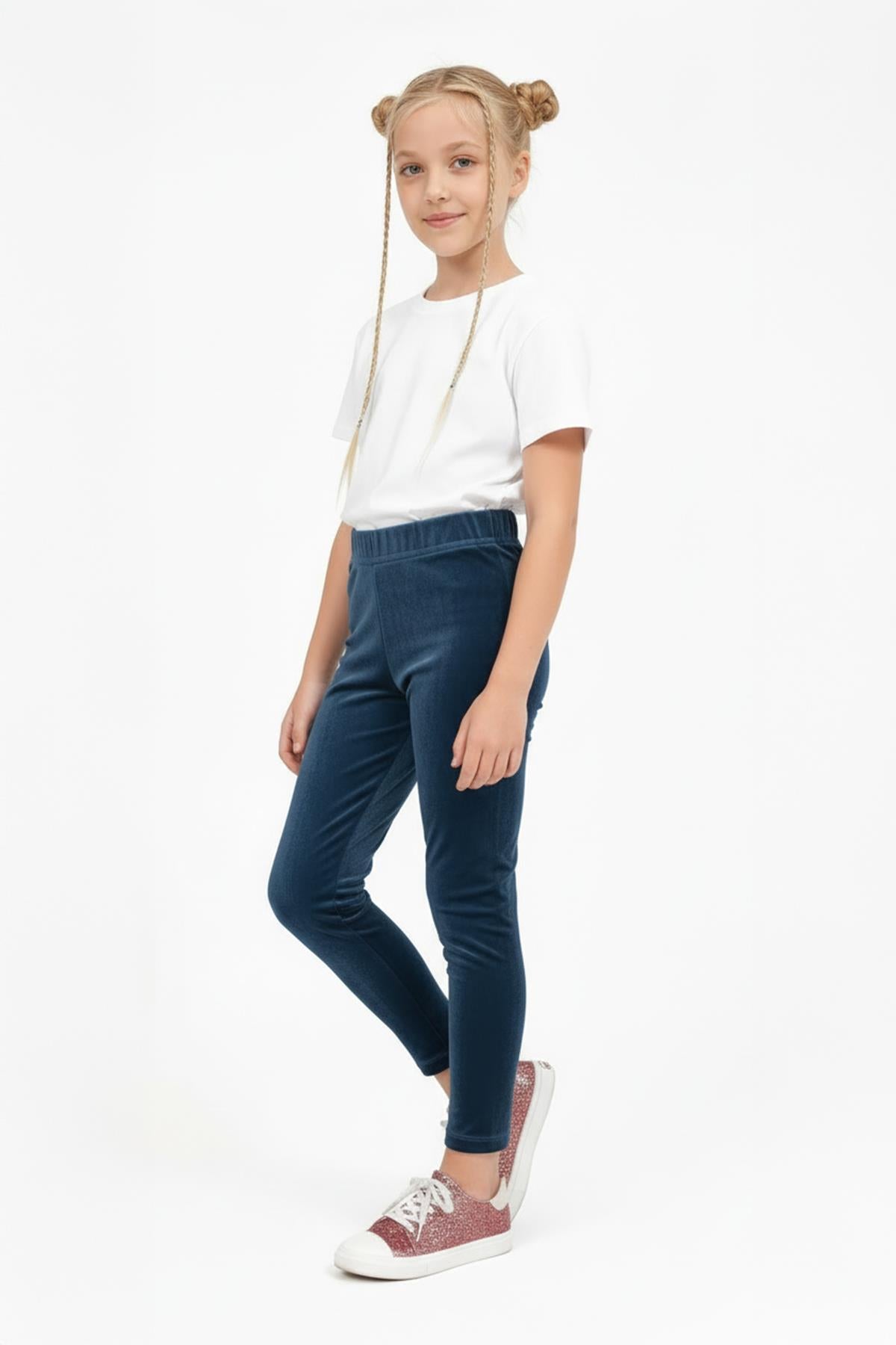 Kız Çocuk Parlak Dokulu İçi Polarlı Kadife Tayt – Petrol