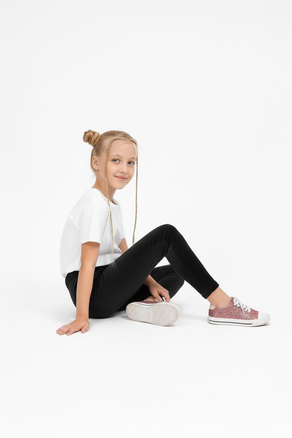 Kız Çocuk Parlak Dokulu İçi Polarlı Kadife Tayt – Siyah