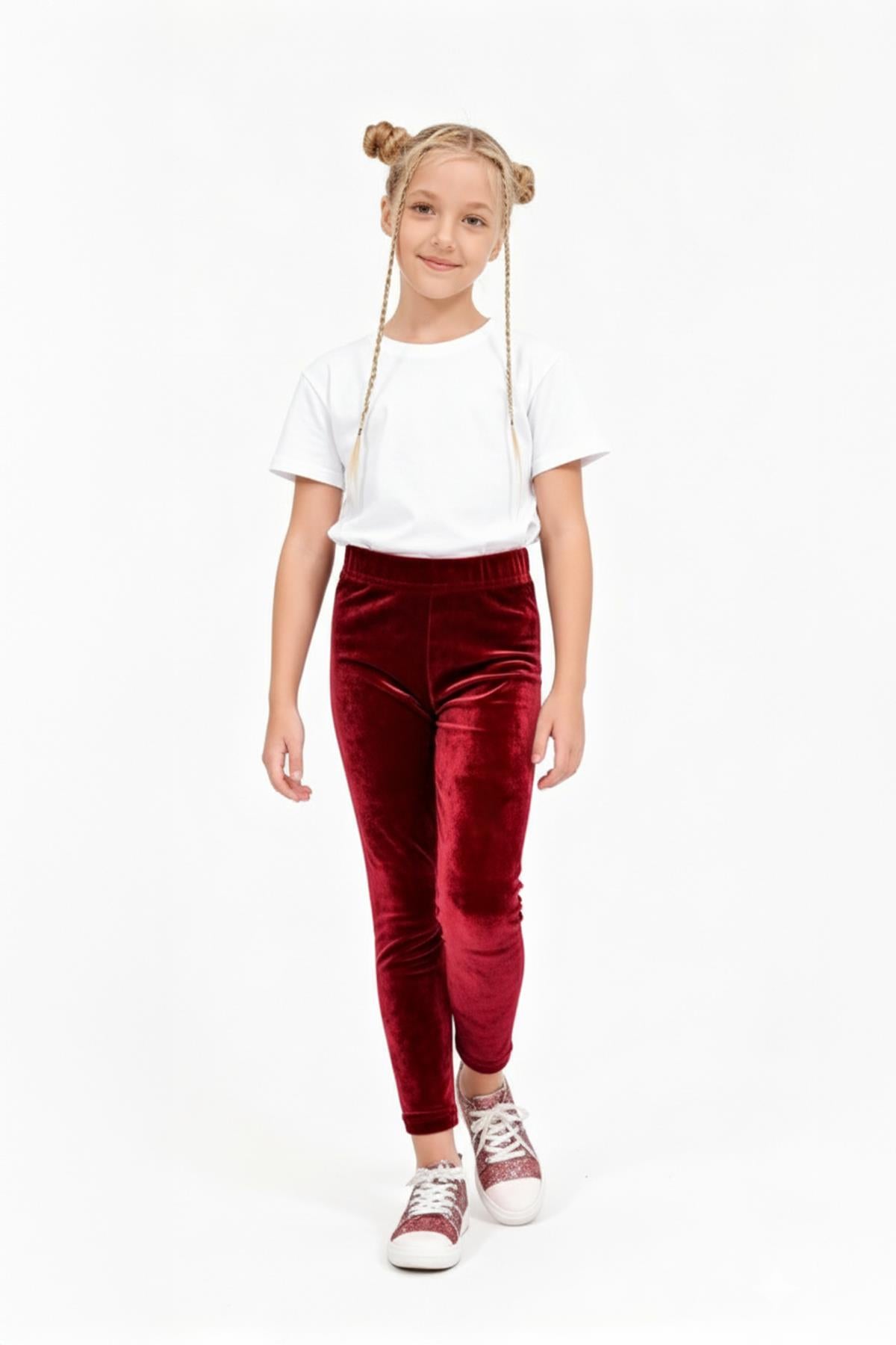 Kız Çocuk Parlak Dokulu Kadife İçi Polarlı Tayt – Bordo