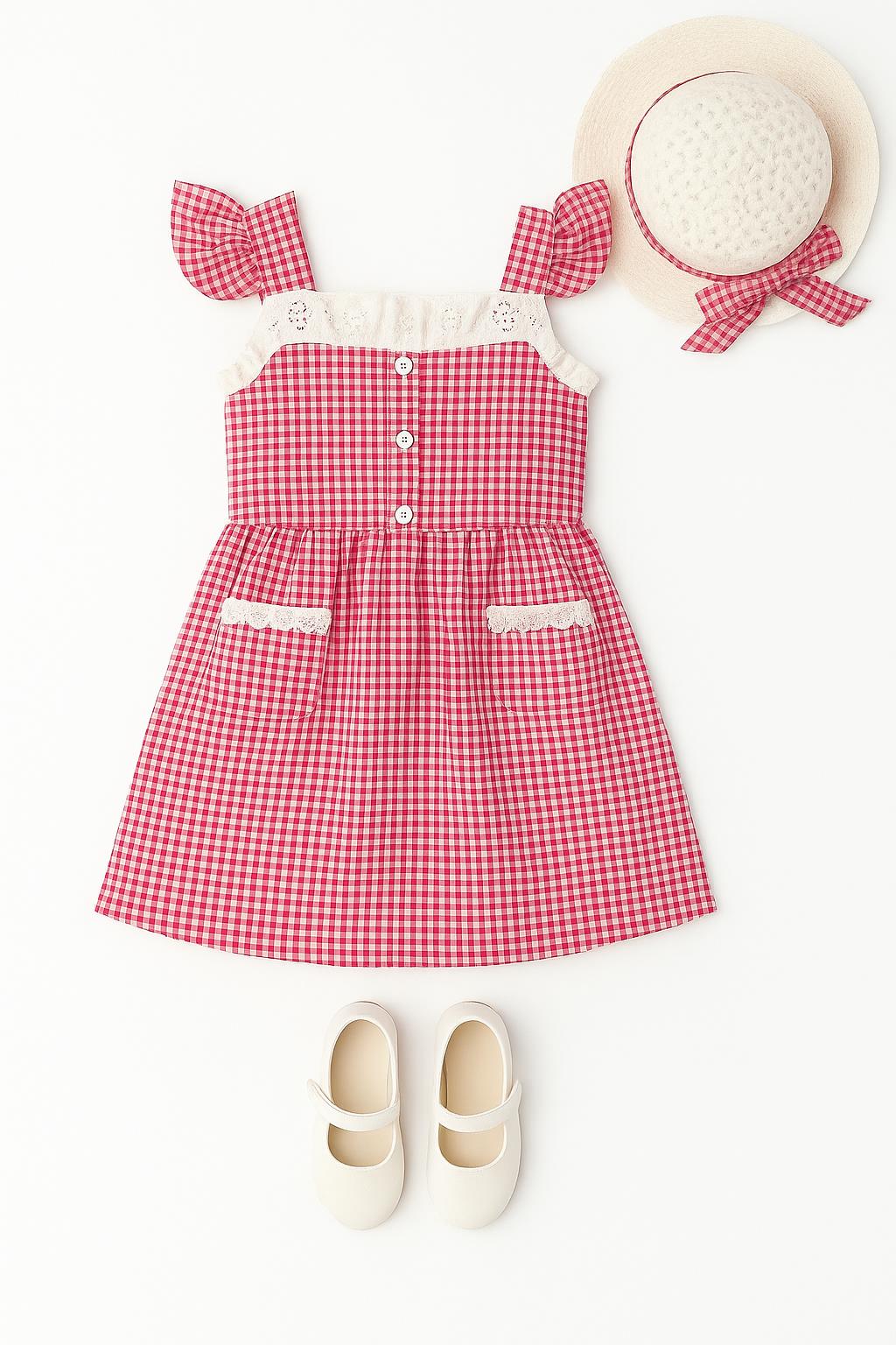 Kız Çocuk Pitikare Desenli Şapkalı Elbise Fuşya - Pamuk Penye Astarlı