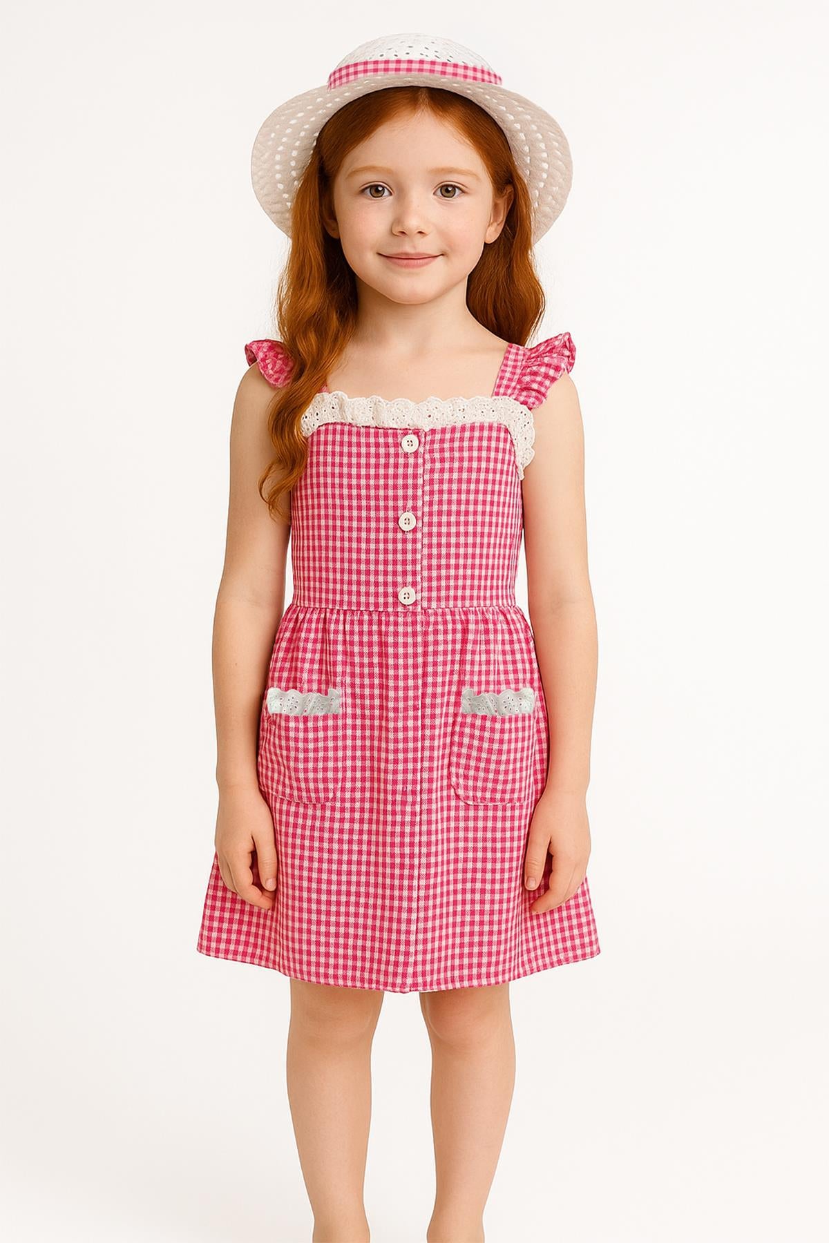 Kız Çocuk Pitikare Desenli Şapkalı Elbise Fuşya - Pamuk Penye Astarlı