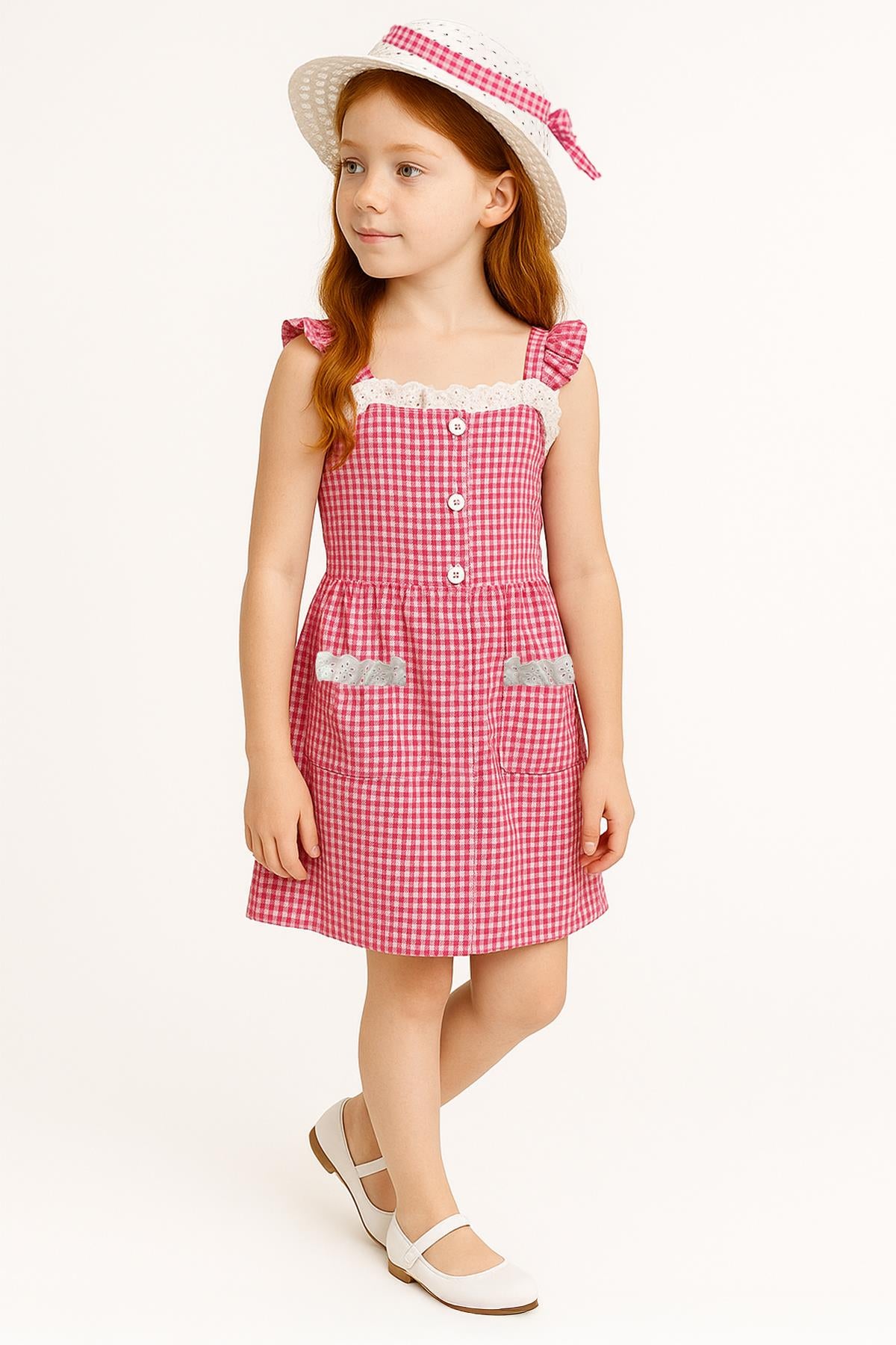 Kız Çocuk Pitikare Desenli Şapkalı Elbise Fuşya - Pamuk Penye Astarlı