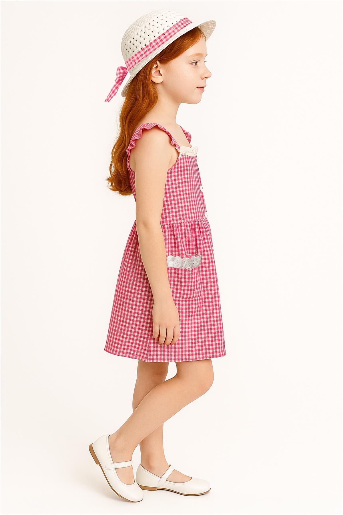 Kız Çocuk Pitikare Desenli Şapkalı Elbise Fuşya - Pamuk Penye Astarlı