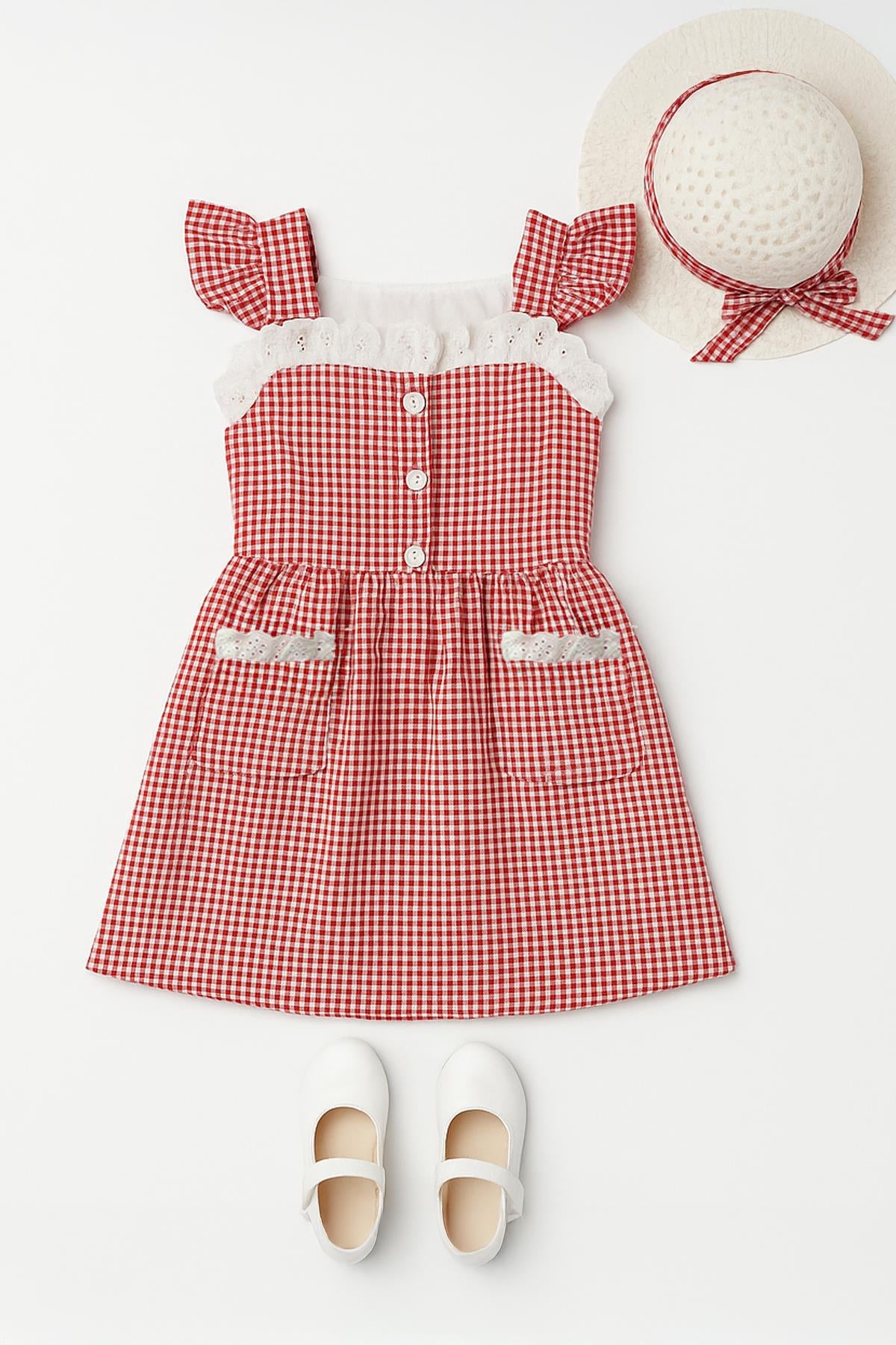 Kız Çocuk Pitikare Desenli Şapkalı Elbise Kırmızı - Pamuk Penye Astarlı