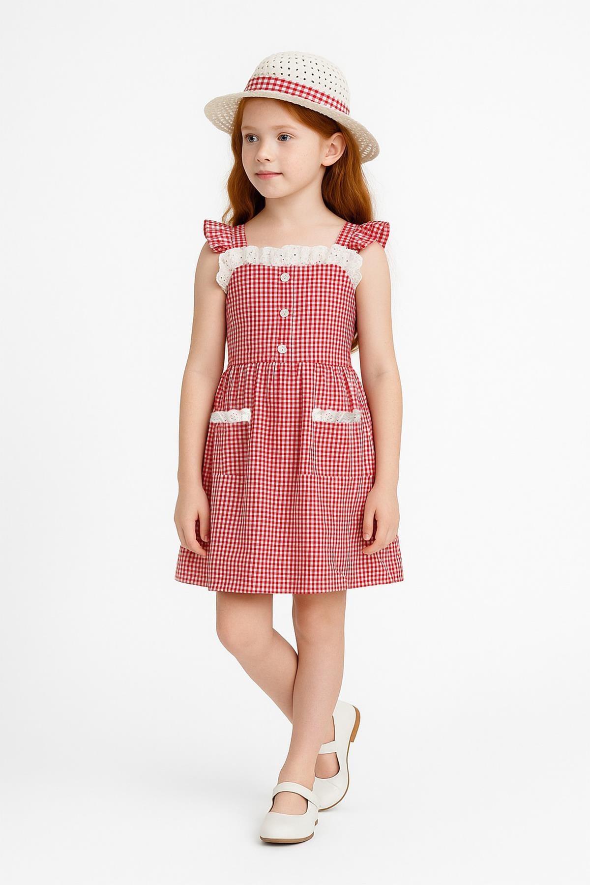 Kız Çocuk Pitikare Desenli Şapkalı Elbise Kırmızı - Pamuk Penye Astarlı