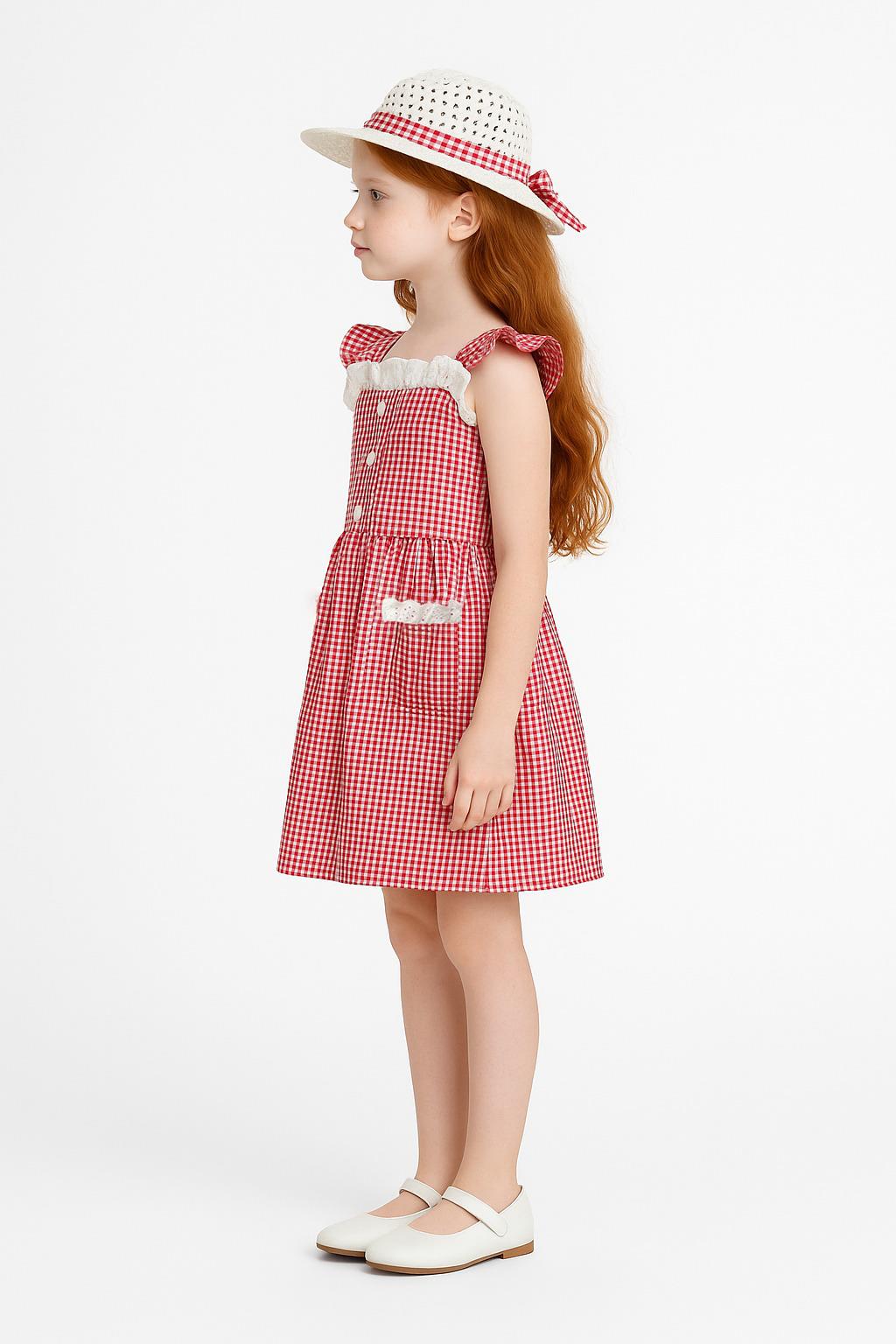 Kız Çocuk Pitikare Desenli Şapkalı Elbise Kırmızı - Pamuk Penye Astarlı