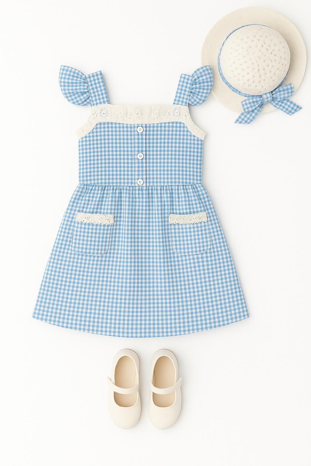 Kız Çocuk Pitikare Desenli Şapkalı Elbise Mavi - Pamuk Penye Astarlı