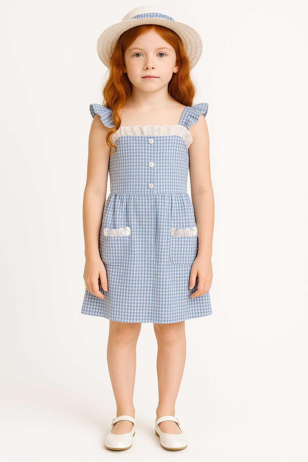 Kız Çocuk Pitikare Desenli Şapkalı Elbise Mavi - Pamuk Penye Astarlı