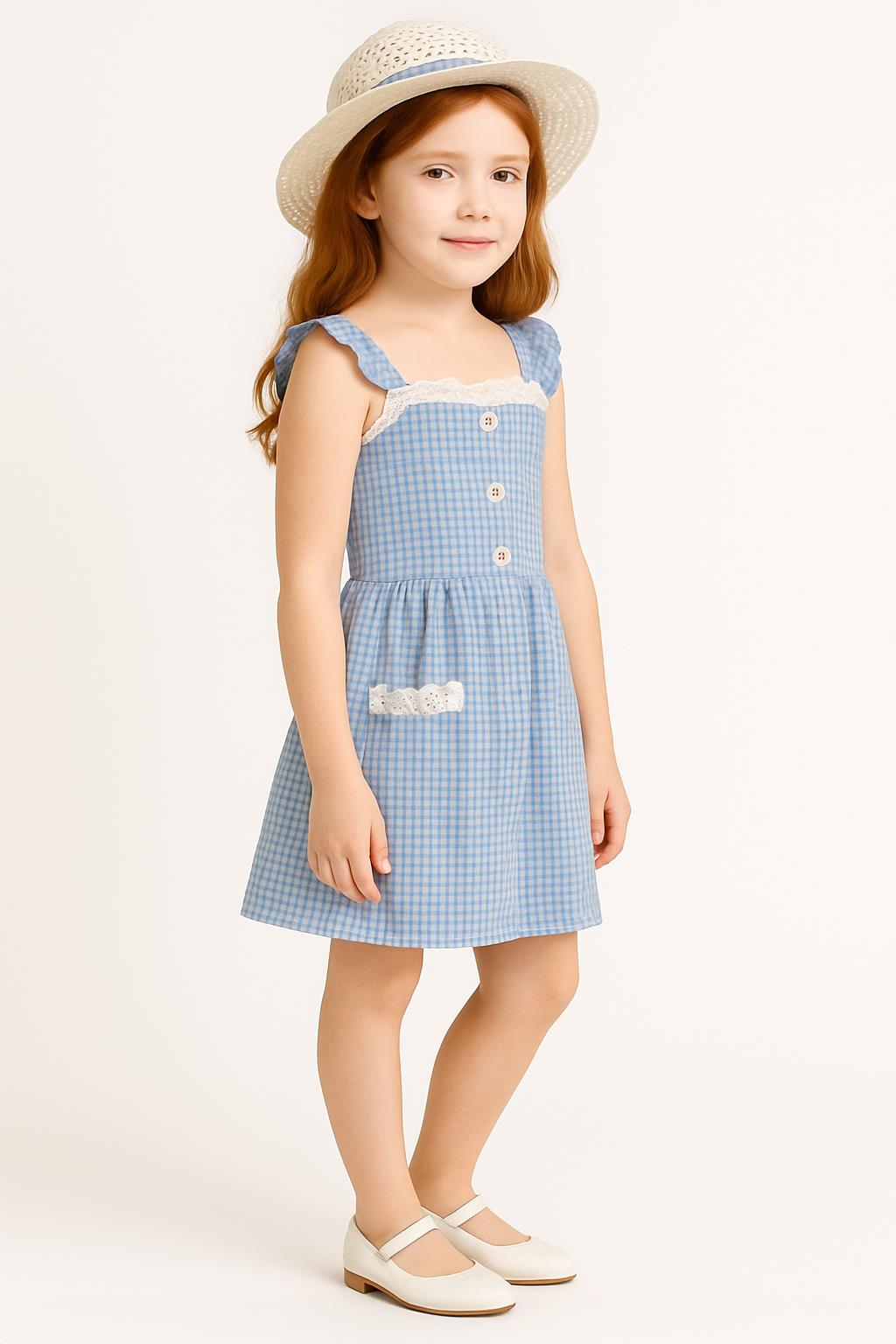 Kız Çocuk Pitikare Desenli Şapkalı Elbise Mavi - Pamuk Penye Astarlı