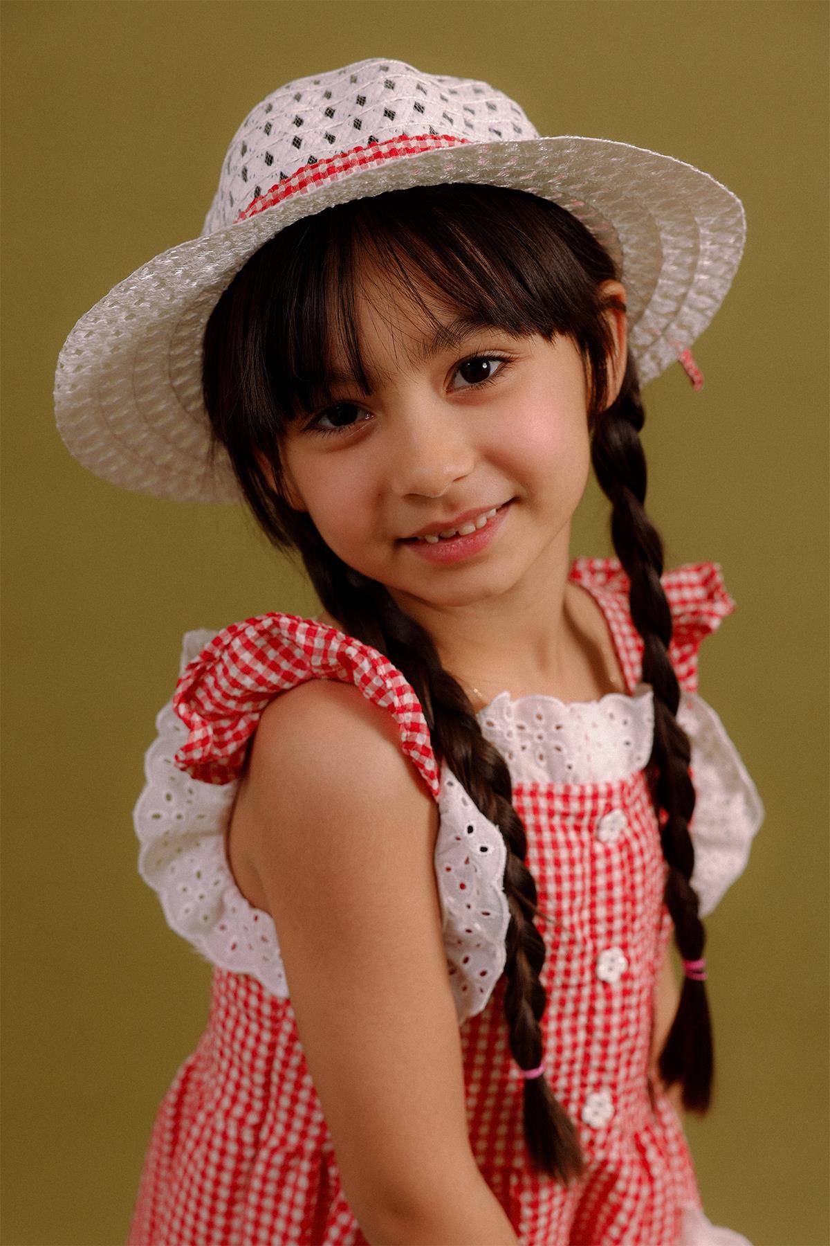 Kız Çocuk Pitikare Desenli Şapkalı Elbise Pamuk Penye Astarlı