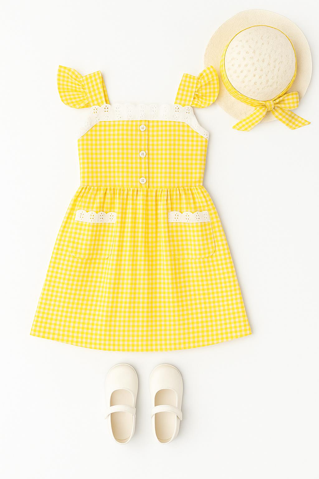 Kız Çocuk Pitikare Desenli Şapkalı Elbise Sarı - Pamuk Penye Astarlı